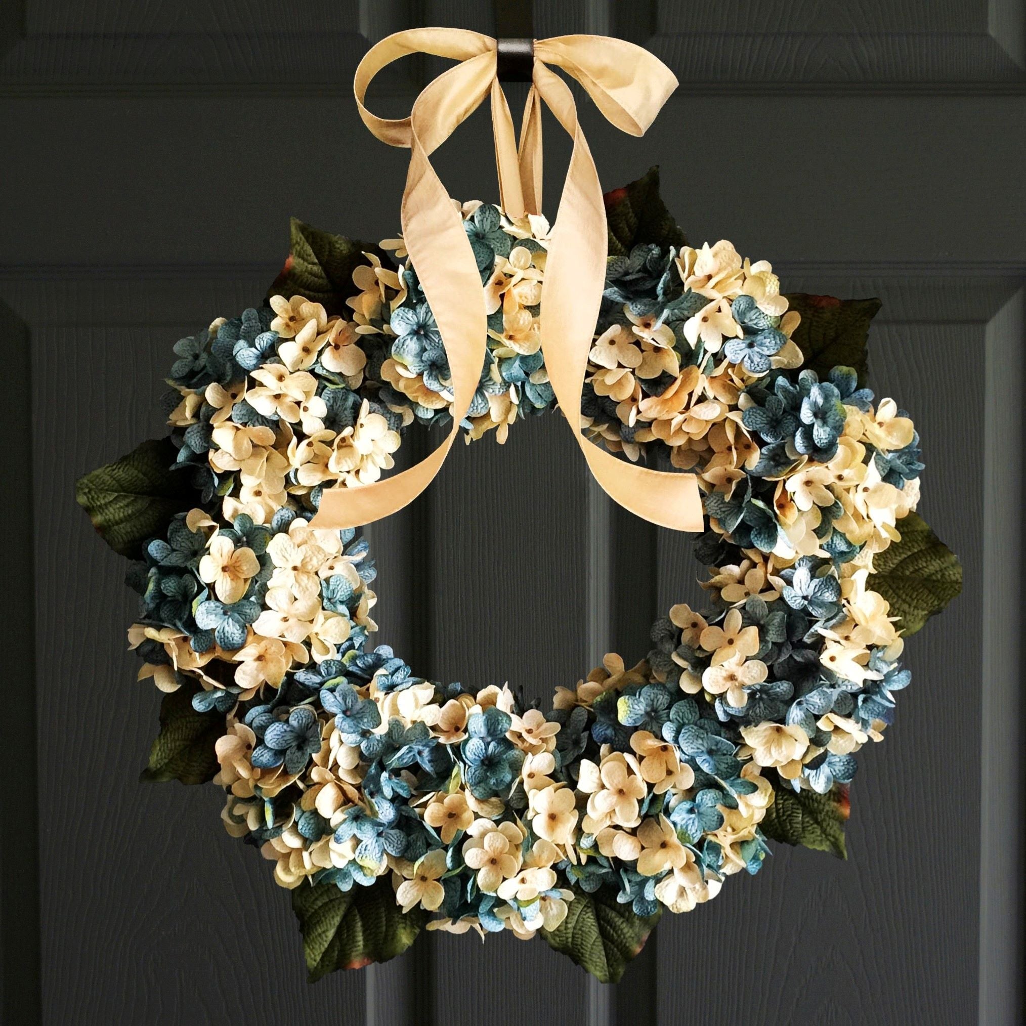 blue hydrangea door wreath