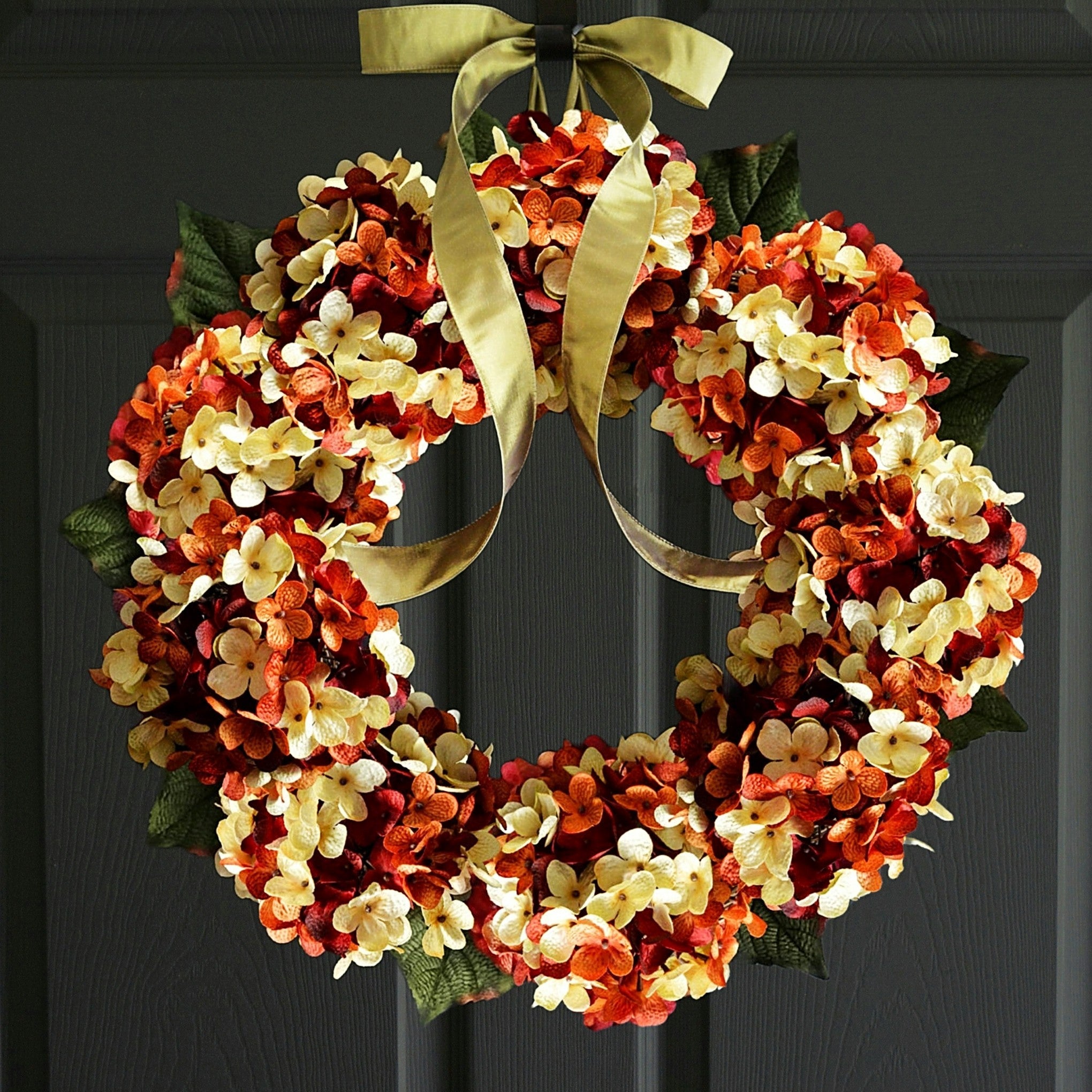 Fall hydrangea door wreath in orange, red, cream colors