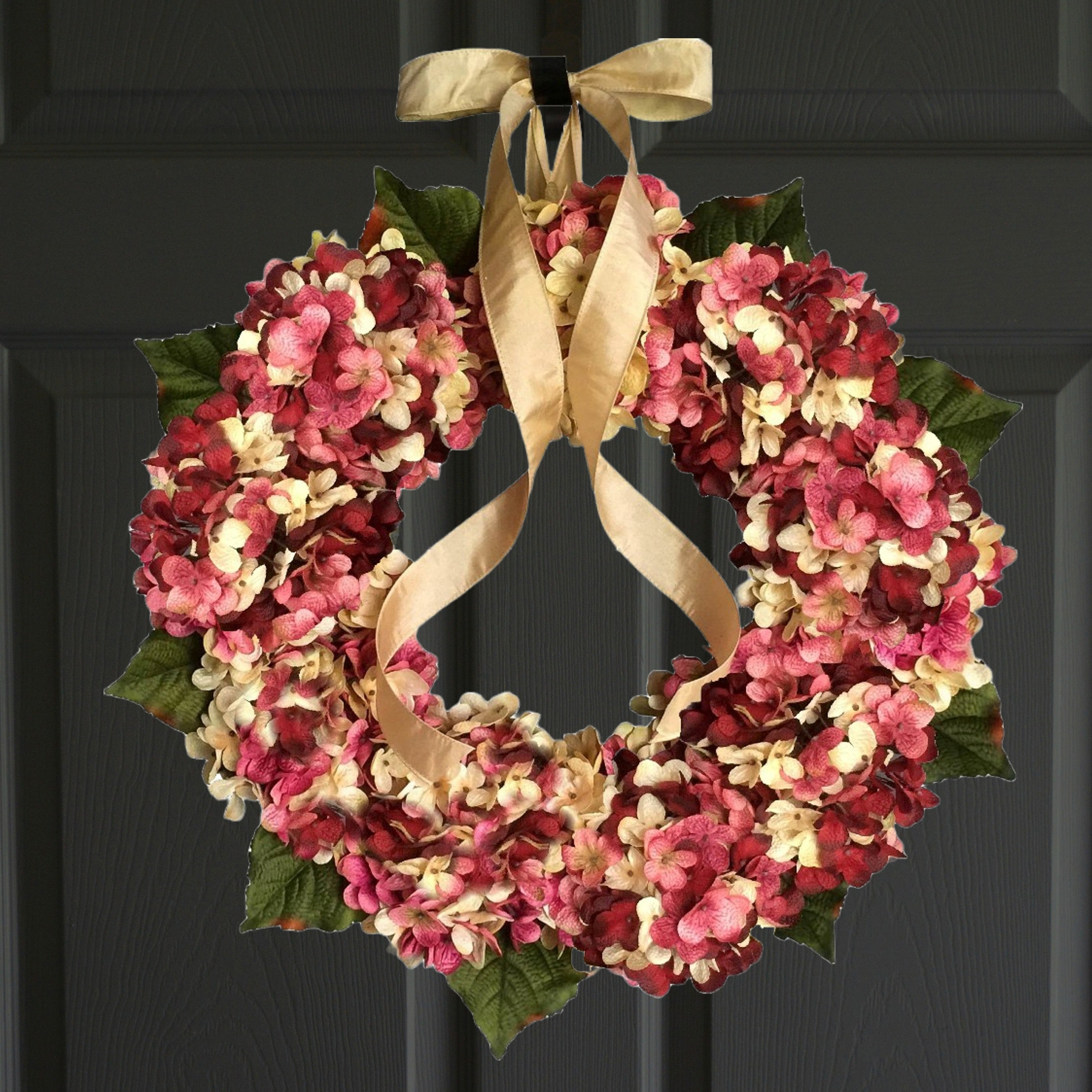 pink hydrangea door wreath for Valentines Day