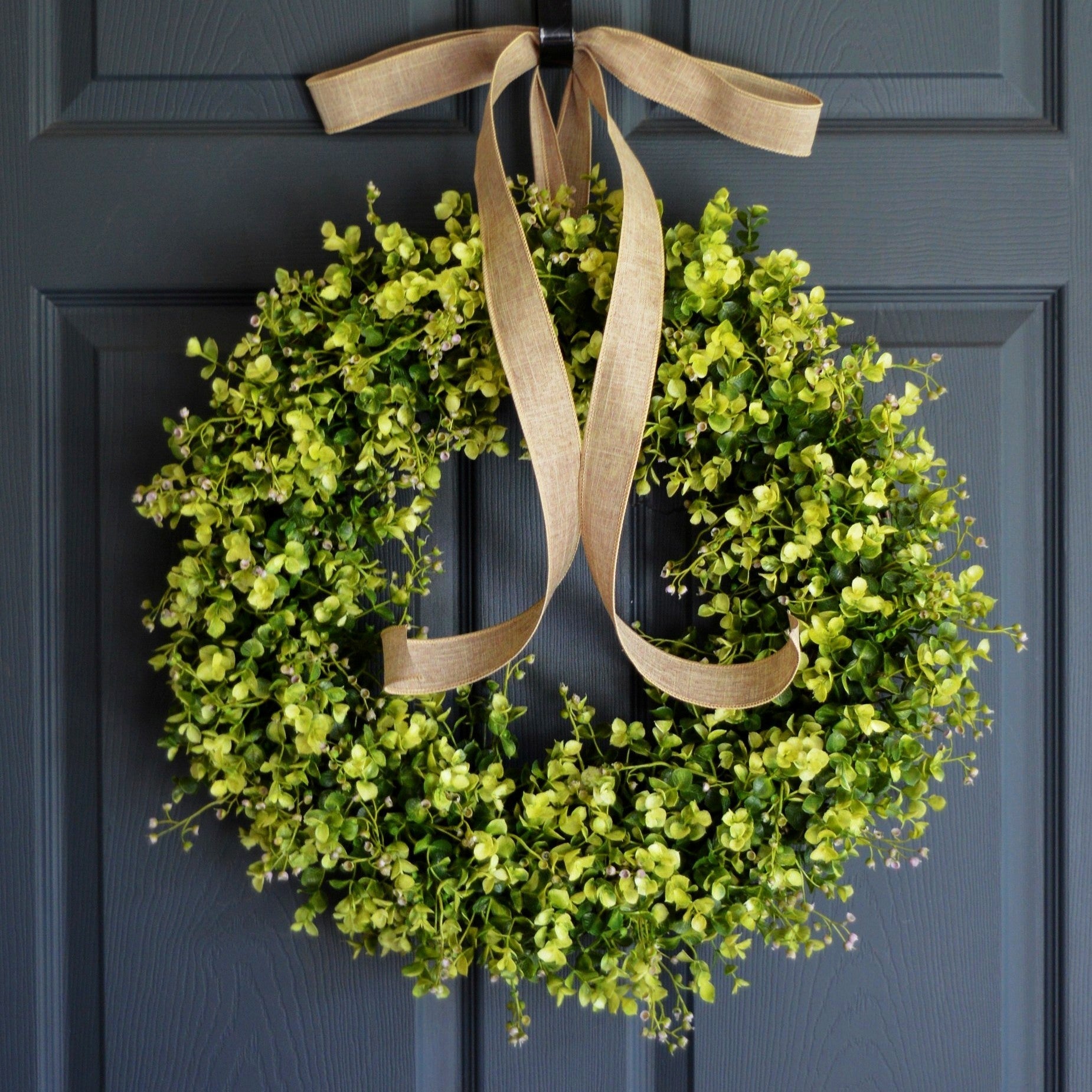 Farmhouse greenery wreath for front door with eucalyptus and boxwood