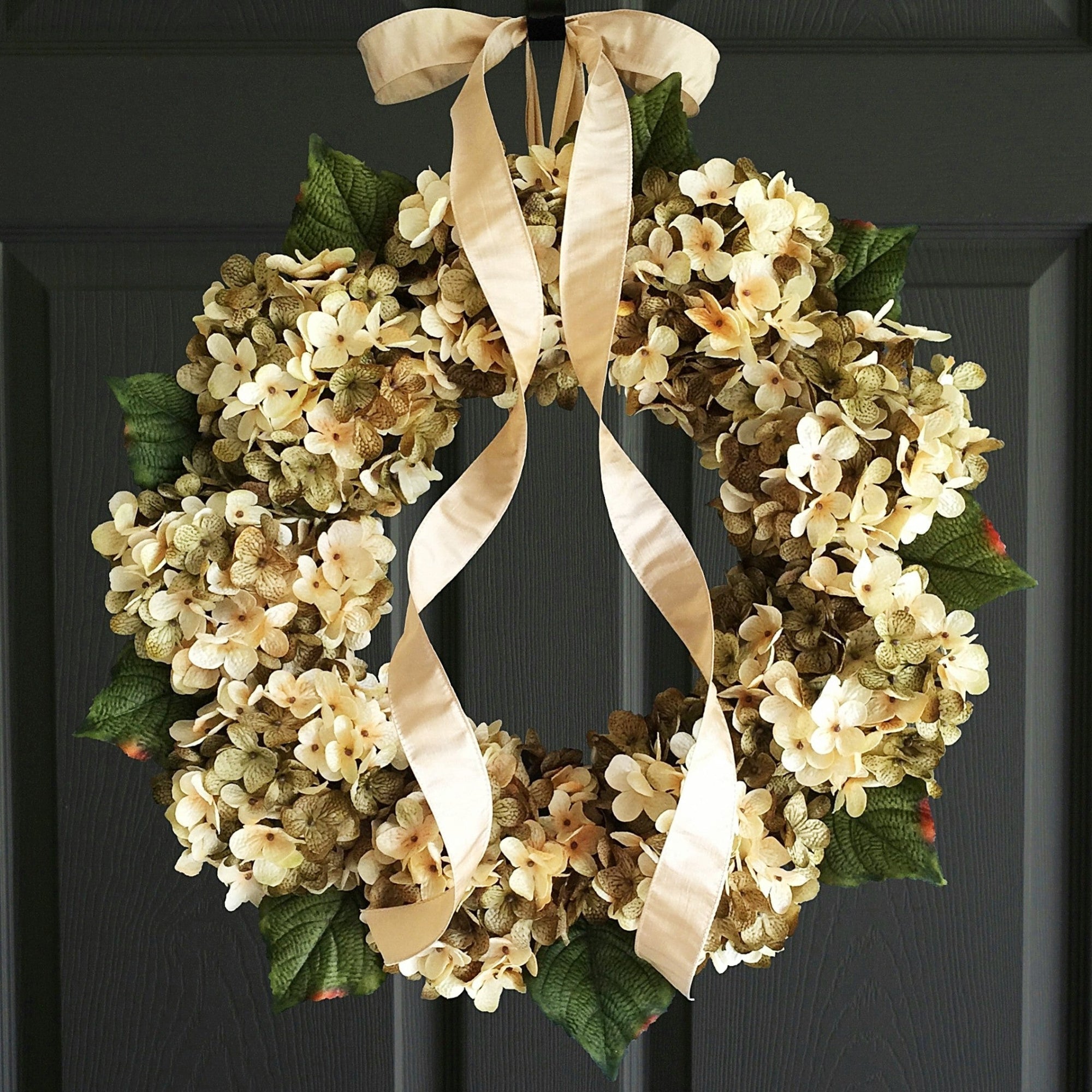 Olive green hydrangea door wreath for year round front door decor