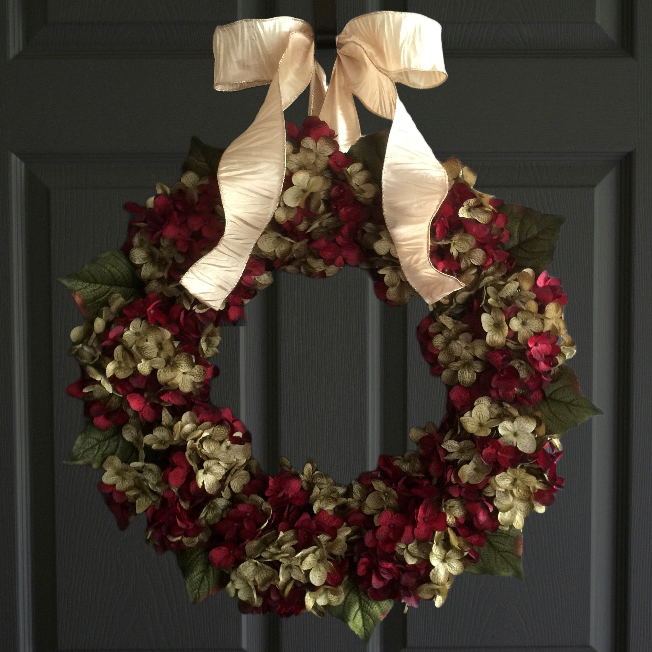 Christmas hydrangea wreath on front door