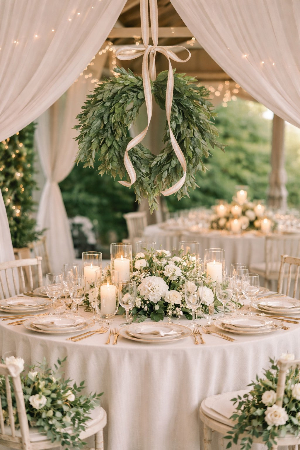 Elegant outdoor wedding reception table featuring a hanging Italian ruscus wreath tied with ribbon, soft draped fabric, glowing candle centerpieces, white floral arrangements, and gold-accented place settings in a romantic garden setting.