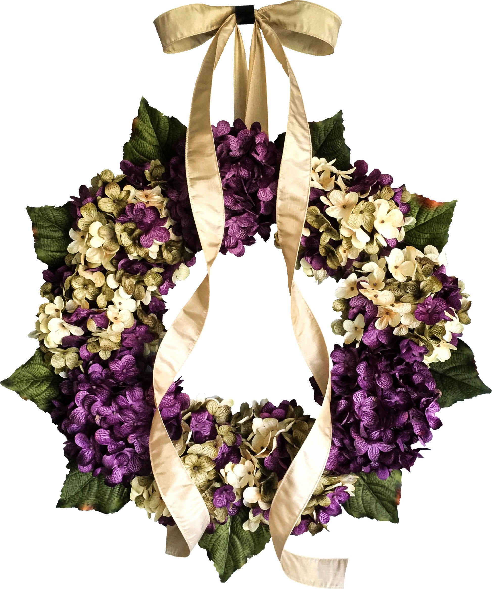 purple hydrangea door wreath on white background