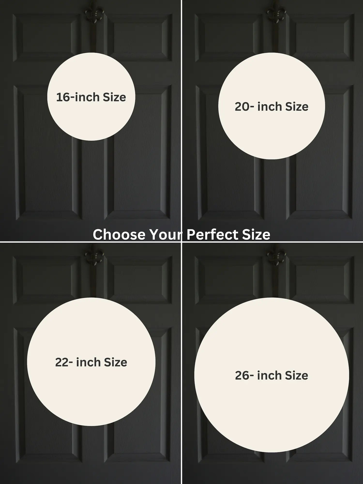 Hydrangea wreath size guide on front door showing 16, 20, 22 and 26 inch wreaths with measurement circles for scale