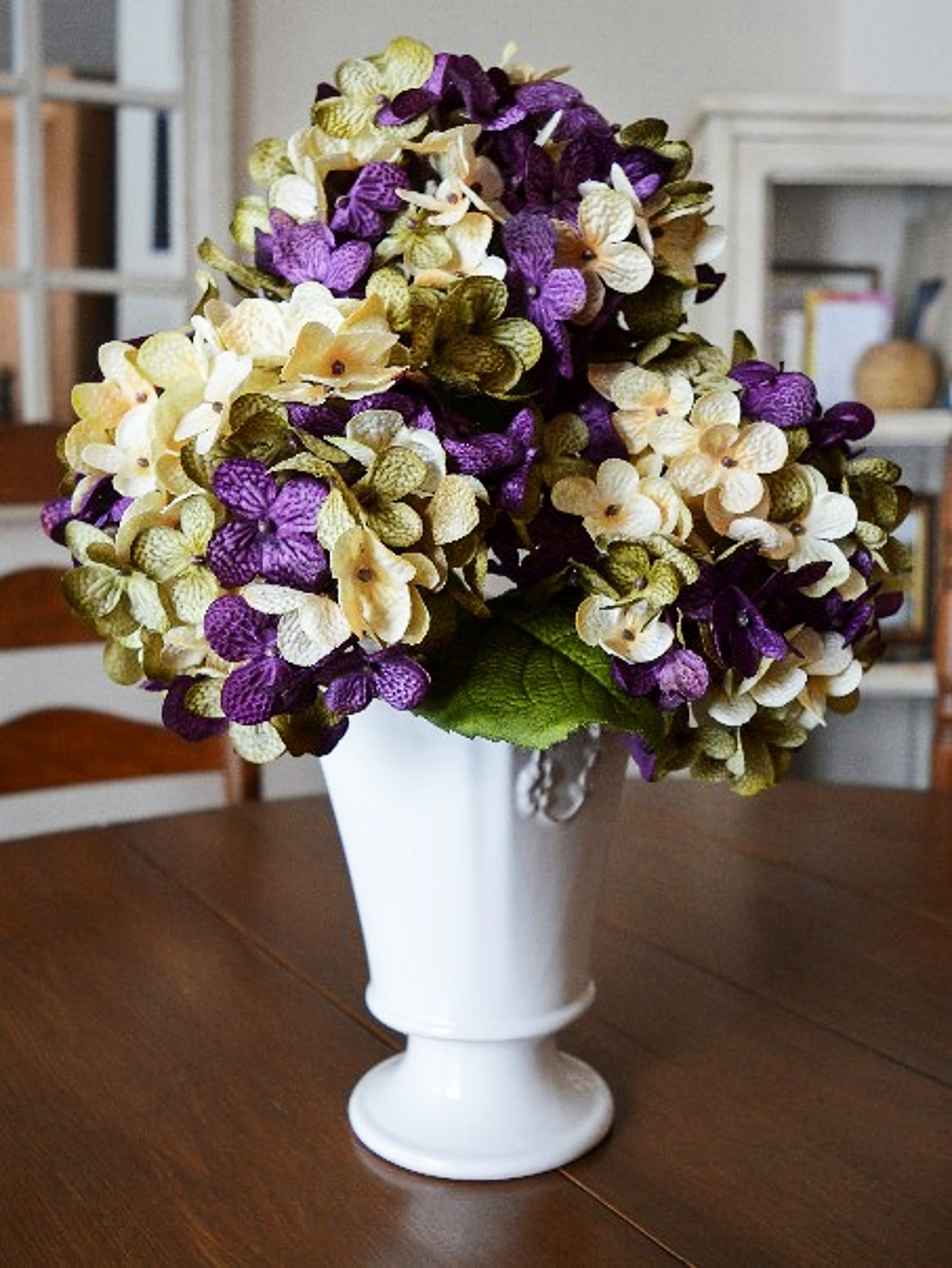artificial hydrangea flowers purple green cream