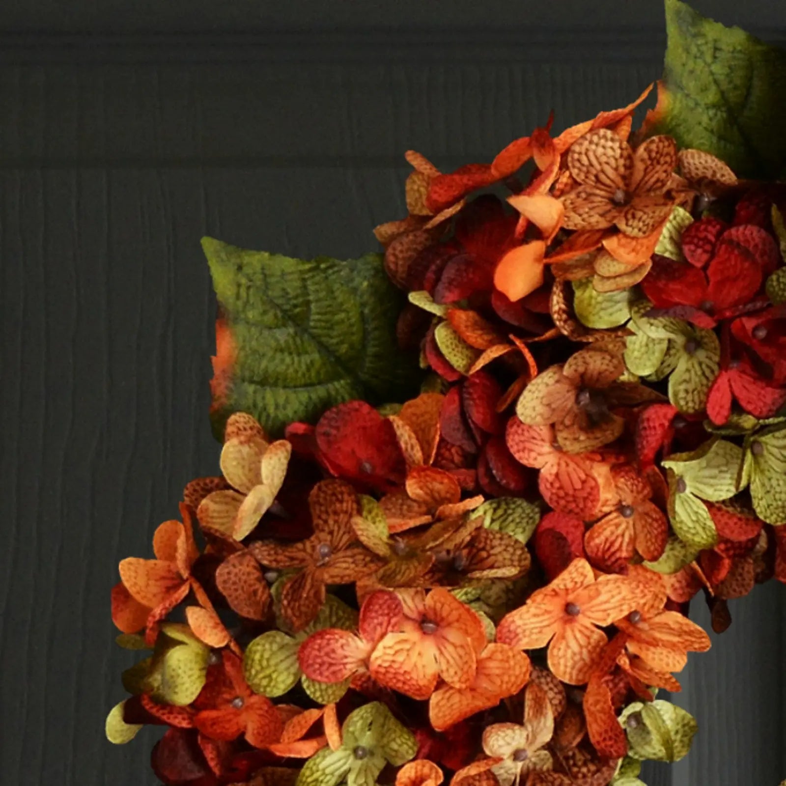 Close-up photo of Fall hydrangea door wreath.