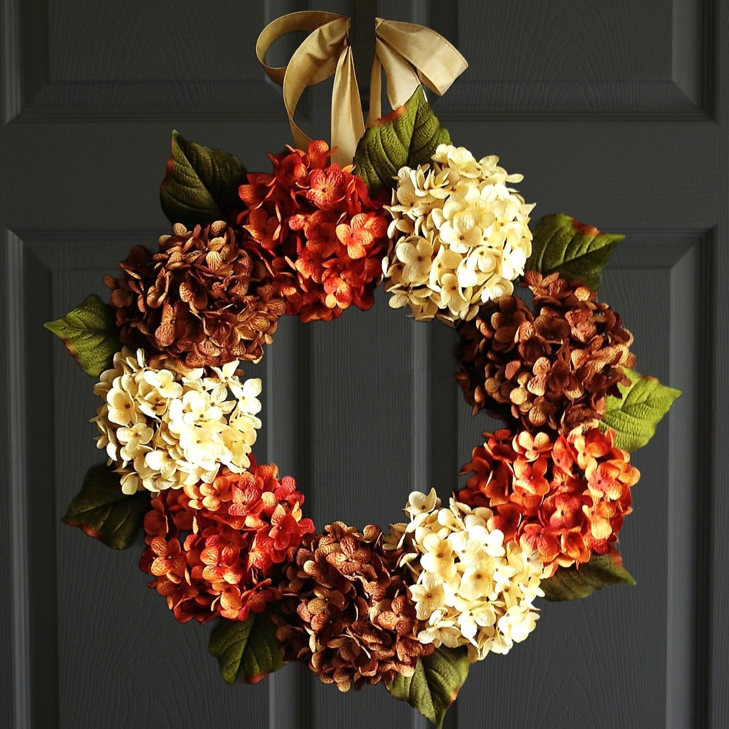 fall hydrangea wreath front door orange brown cream