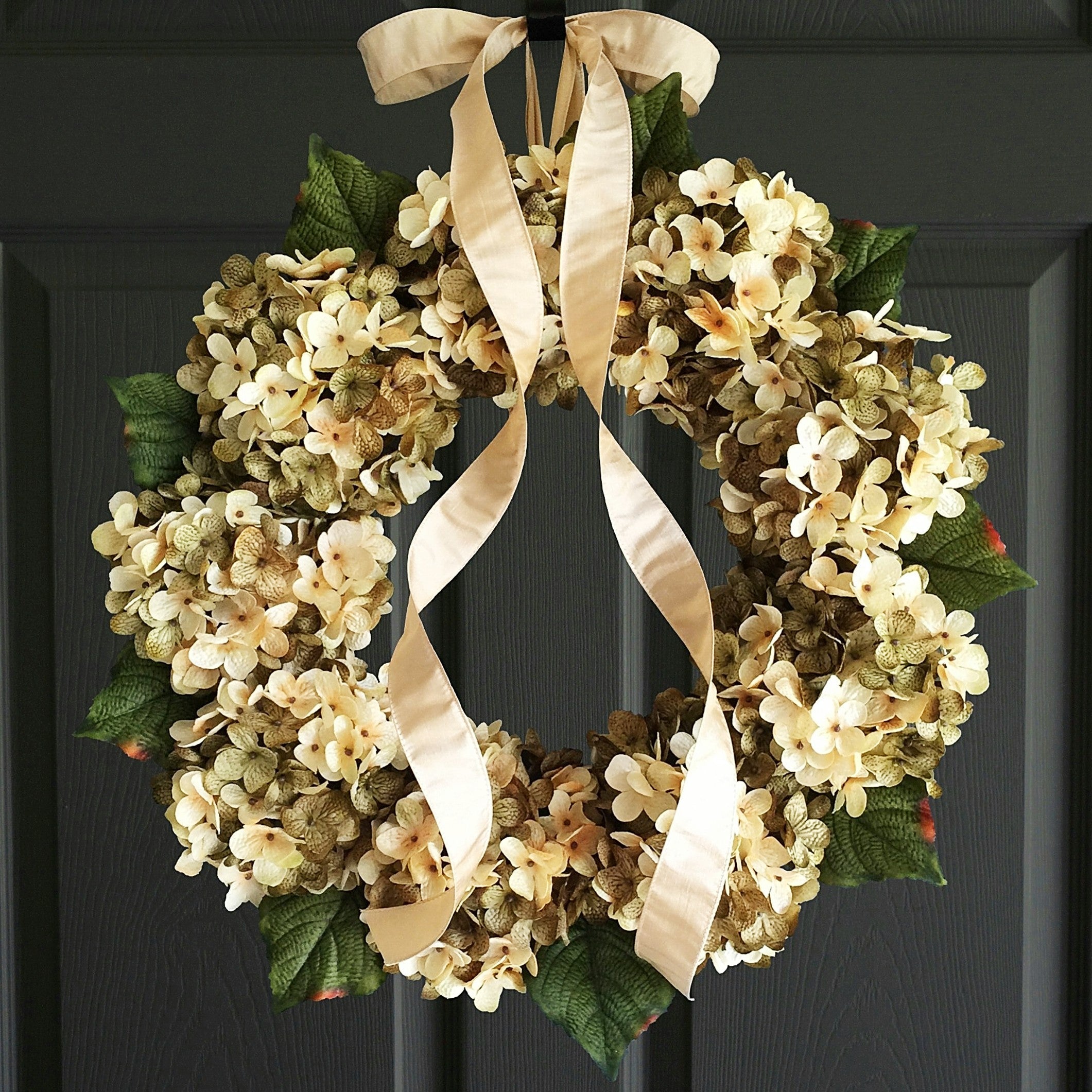 Olive green hydrangea door wreath for year round front door decor