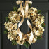 Olive green hydrangea door wreath for year round front door decor
