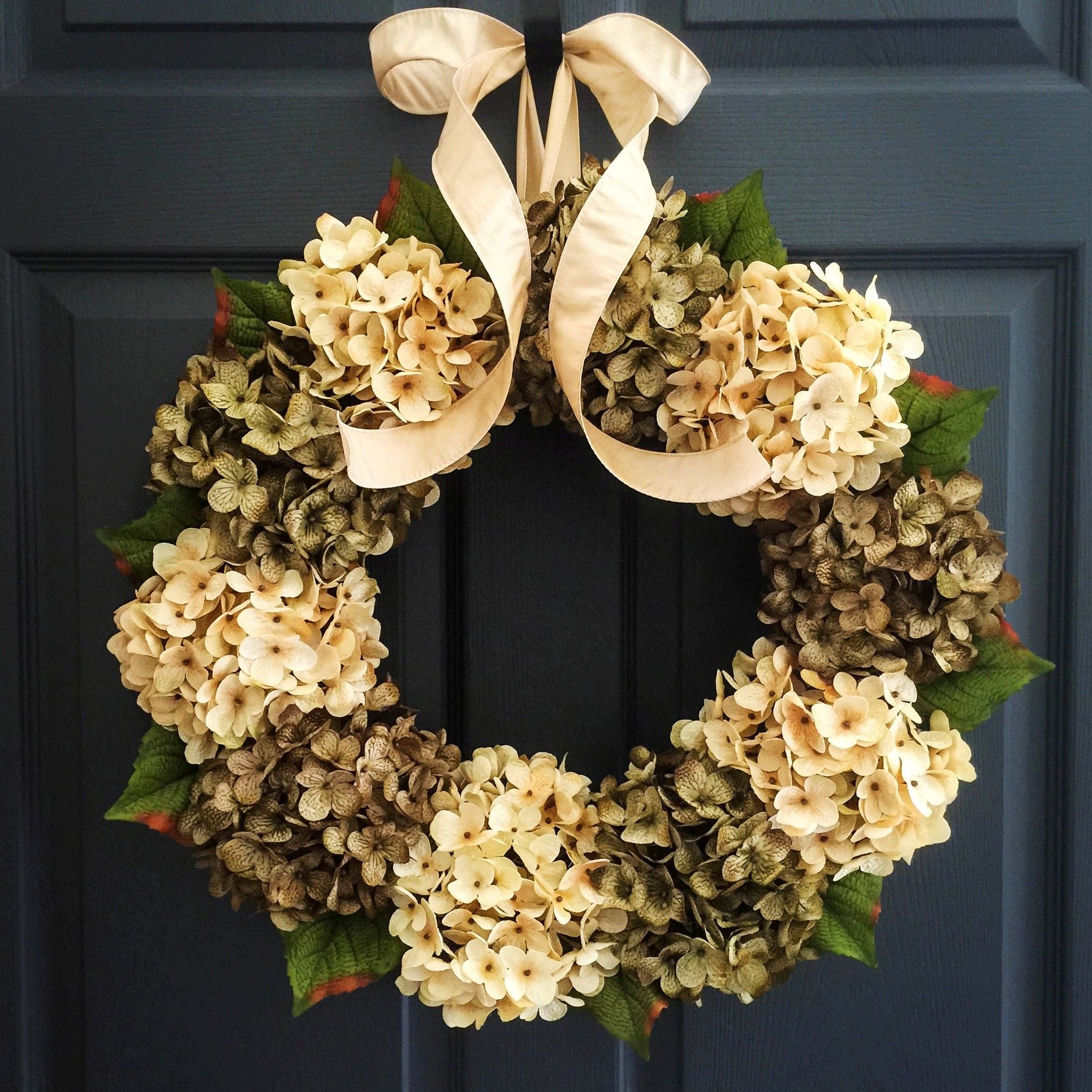 Green hydrangea wreath for front door on natural grapevine, year-round farmhouse door decor
