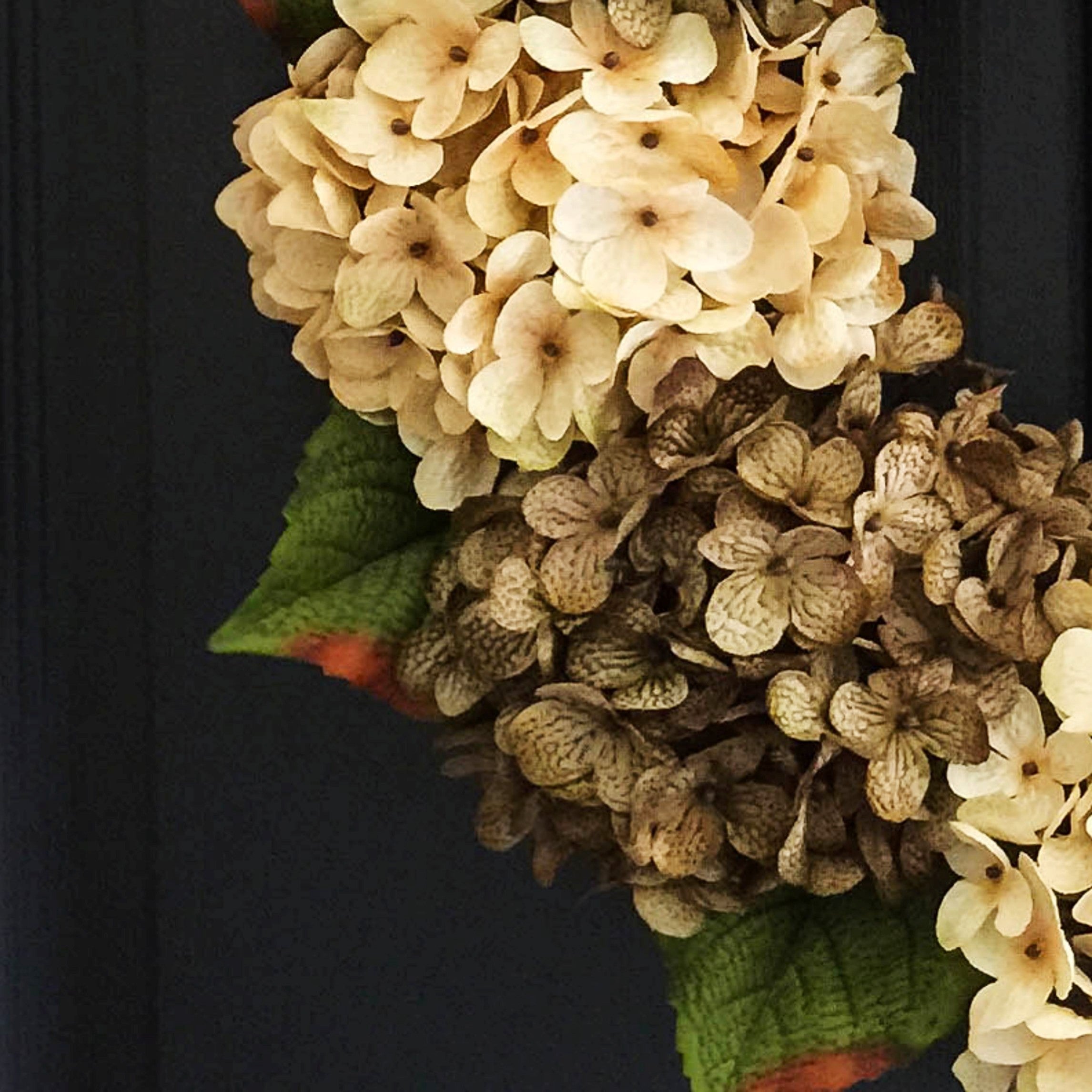 Close-up of premium silk green hydrangea flowers on handmade grapevine wreath