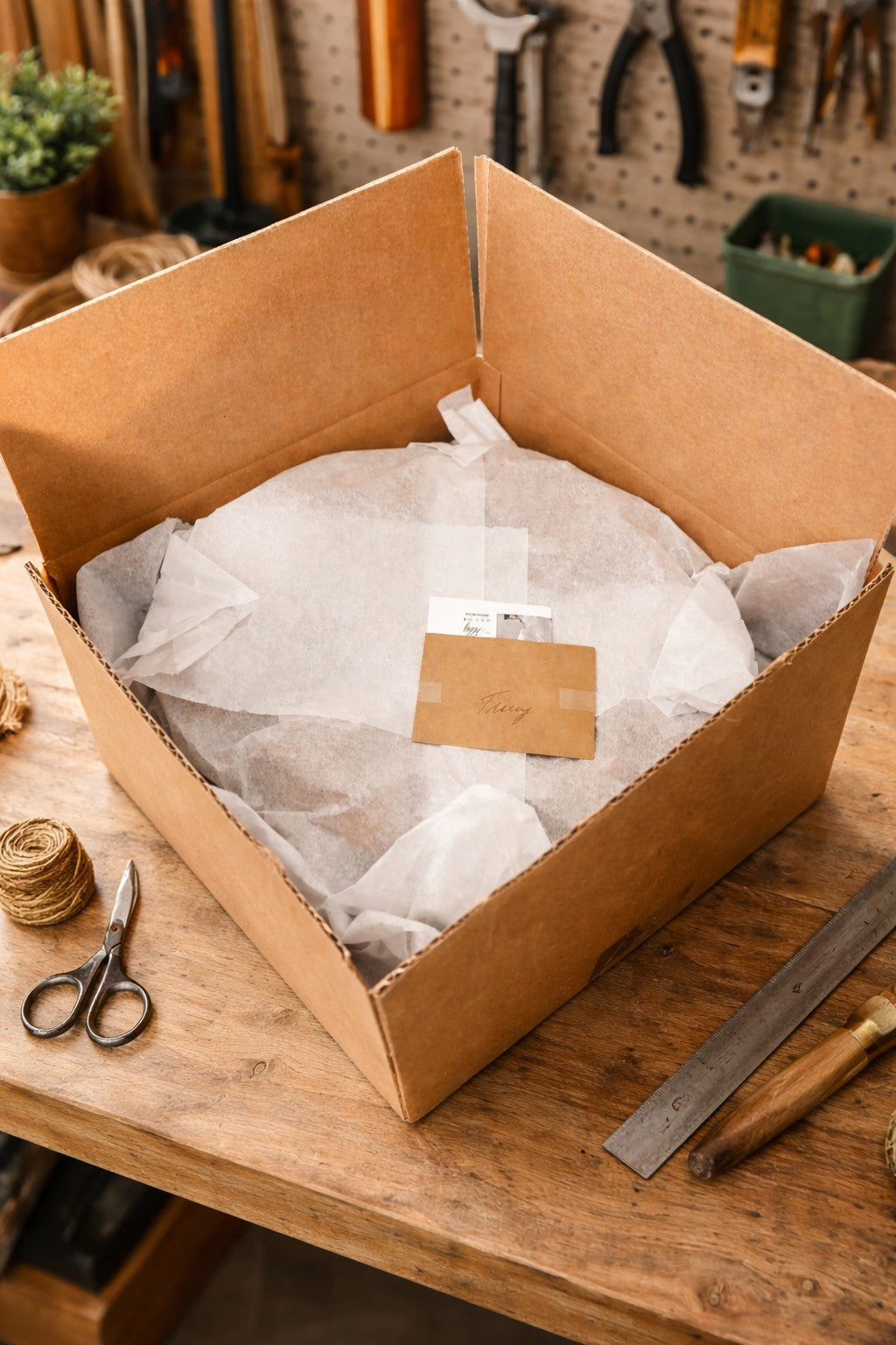 Handmade wreath carefully packaged in a sturdy cardboard box with tissue paper for secure shipping
