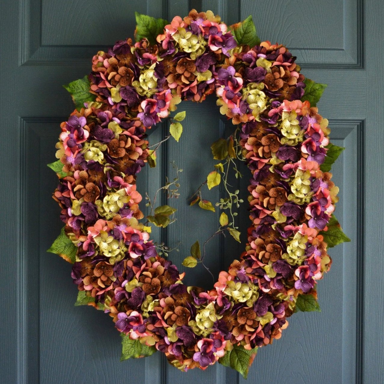 large oval hydrangea door wreath