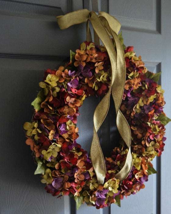 hydrangea door wreath on dark door