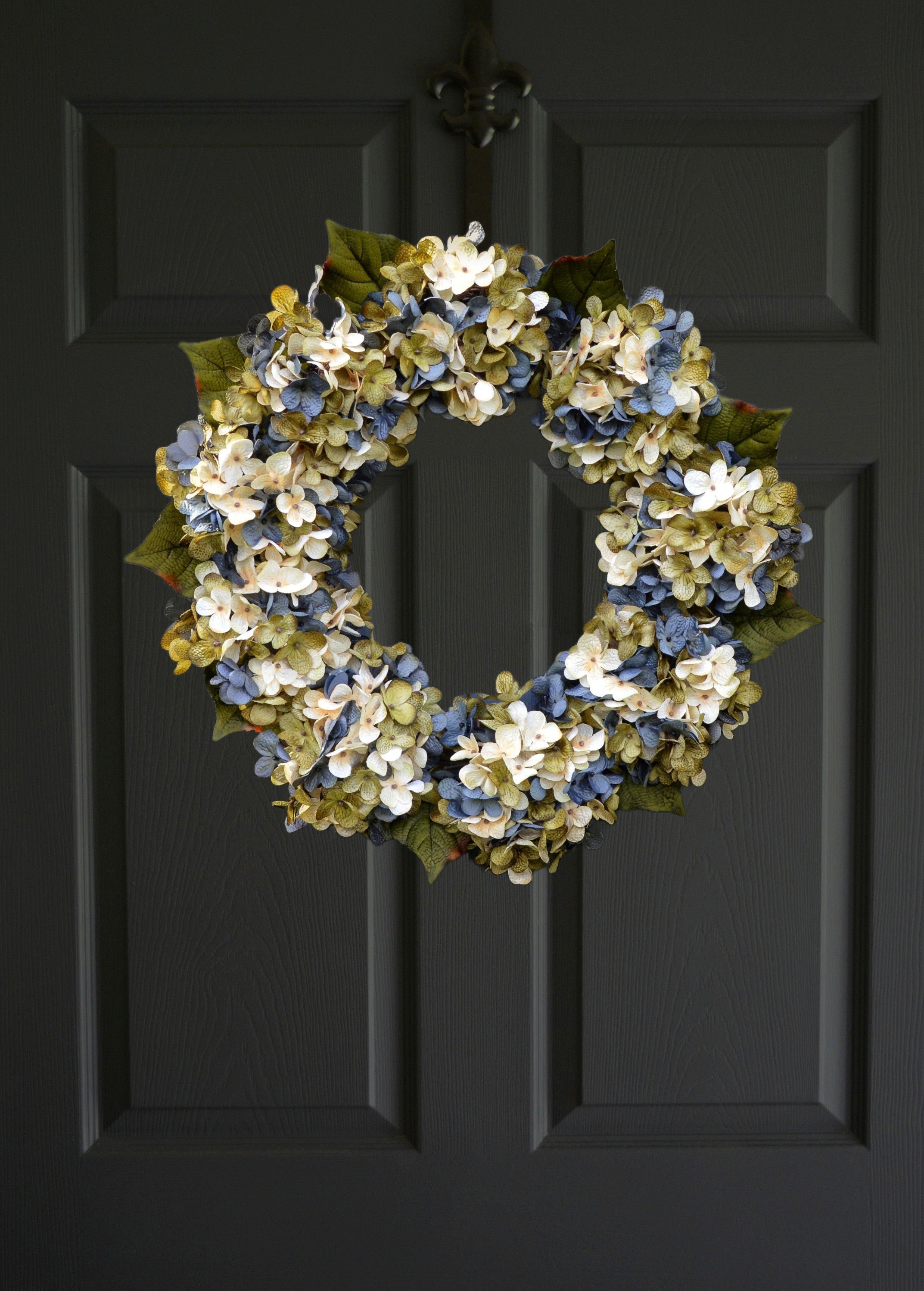 blue hydrangea wreath on front door