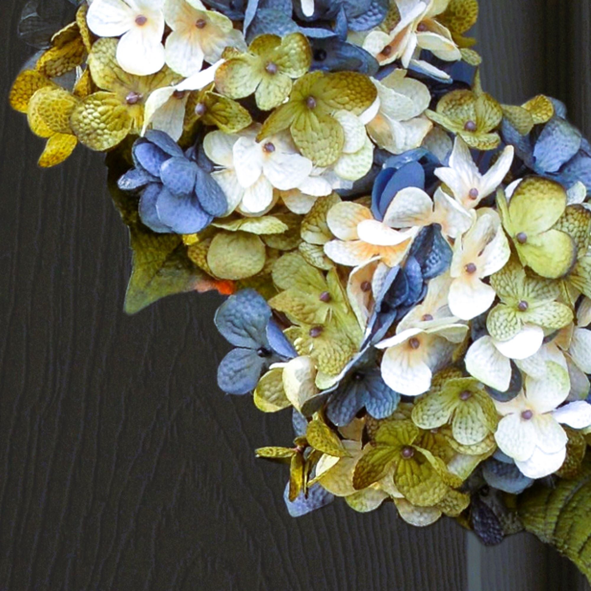 blue hydrangea wreath close-up