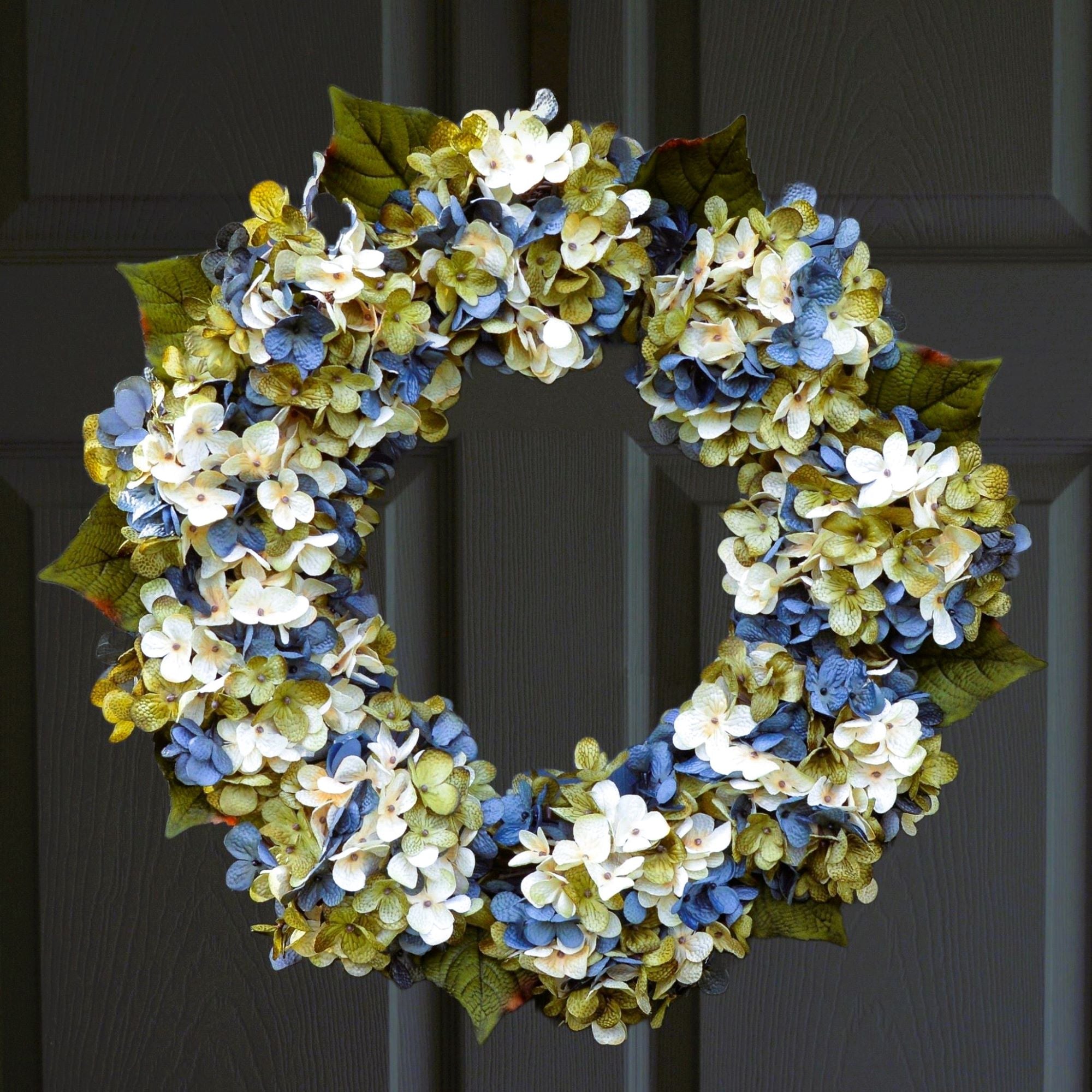 blue hydrangea wreath on front door