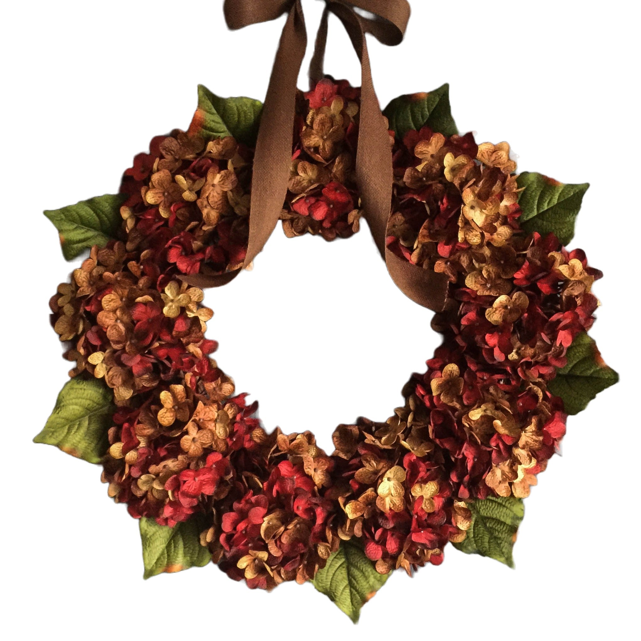 fall hydrangea door wreath in brown and red colors on white background