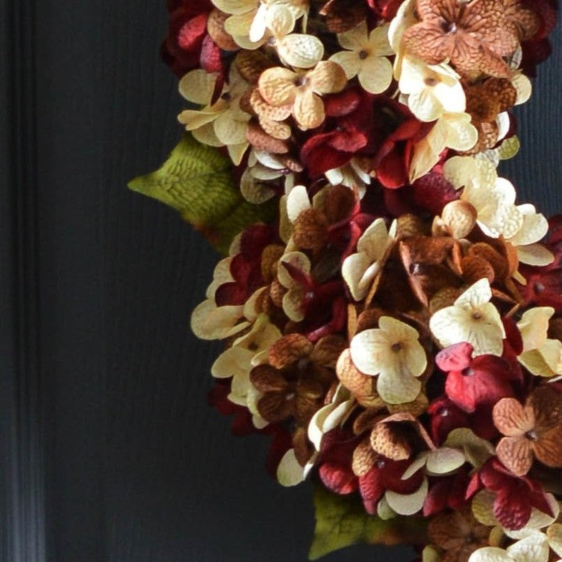 Close-up of premium silk hydrangea blooms on wreath