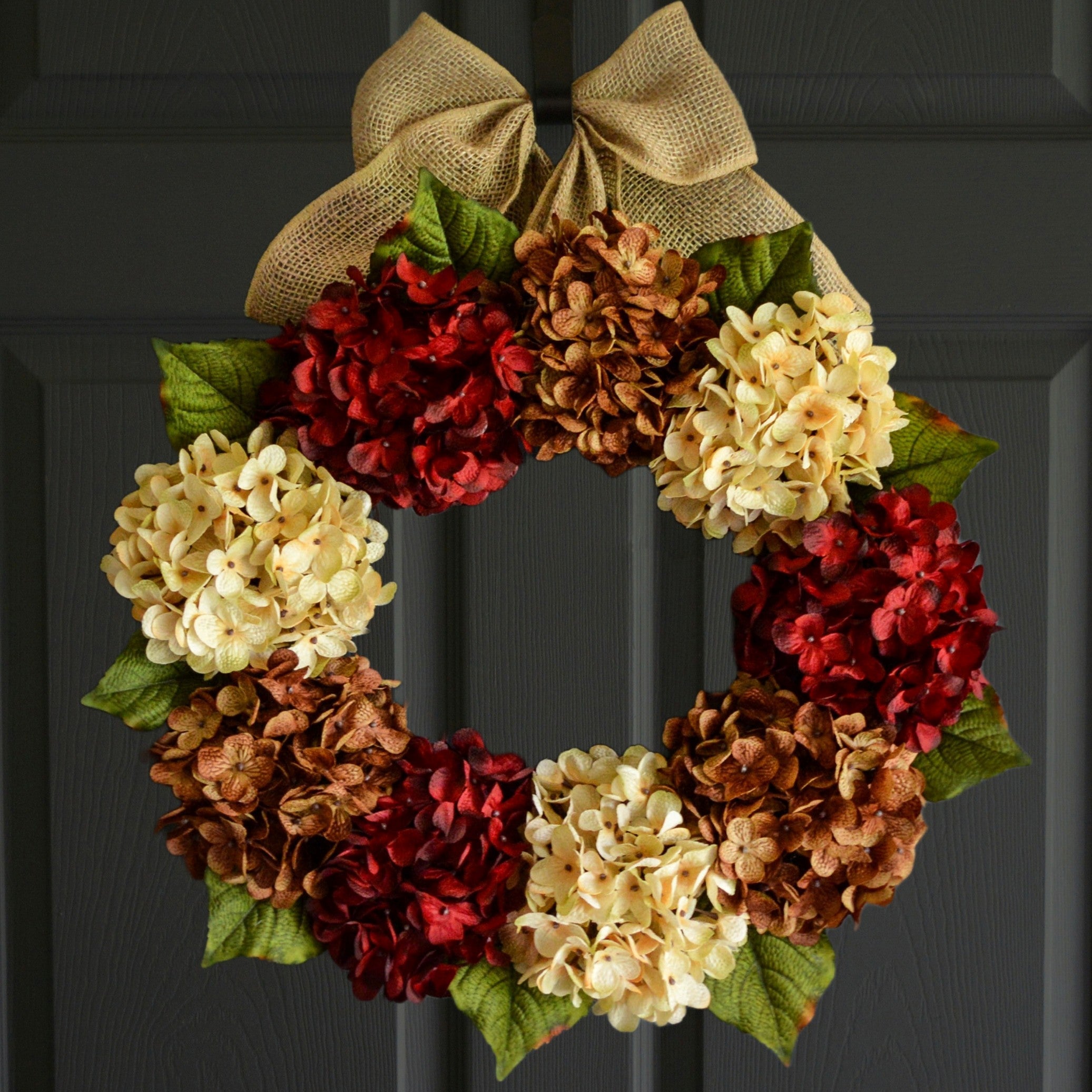 fall hydragea door wreath on front door with burlap ribbon