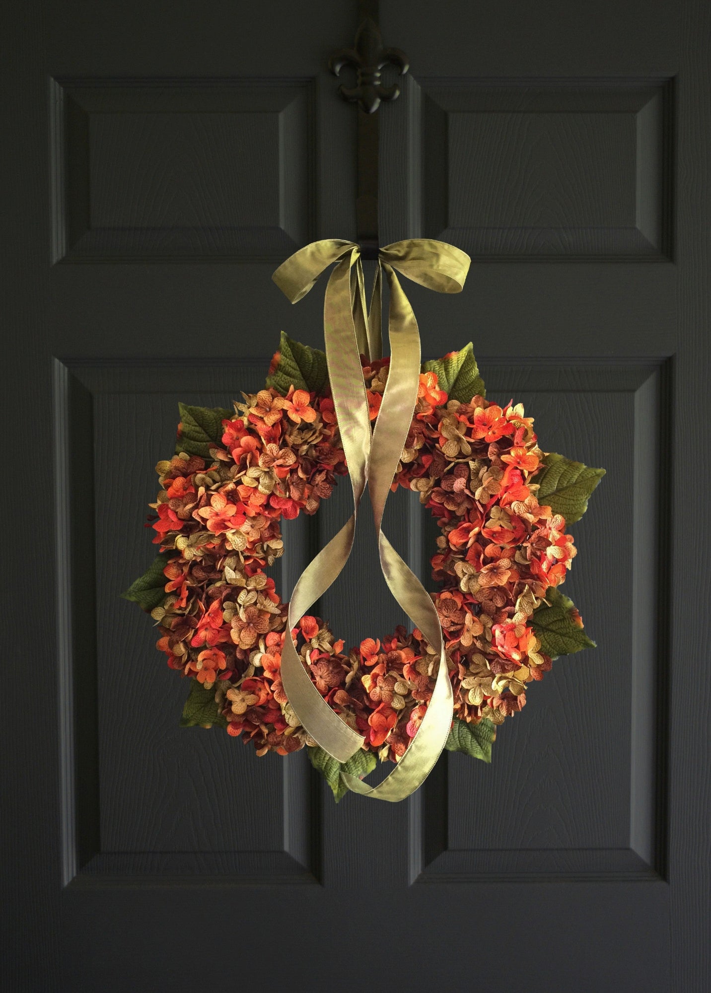 fall hydrangea wreath on dark door