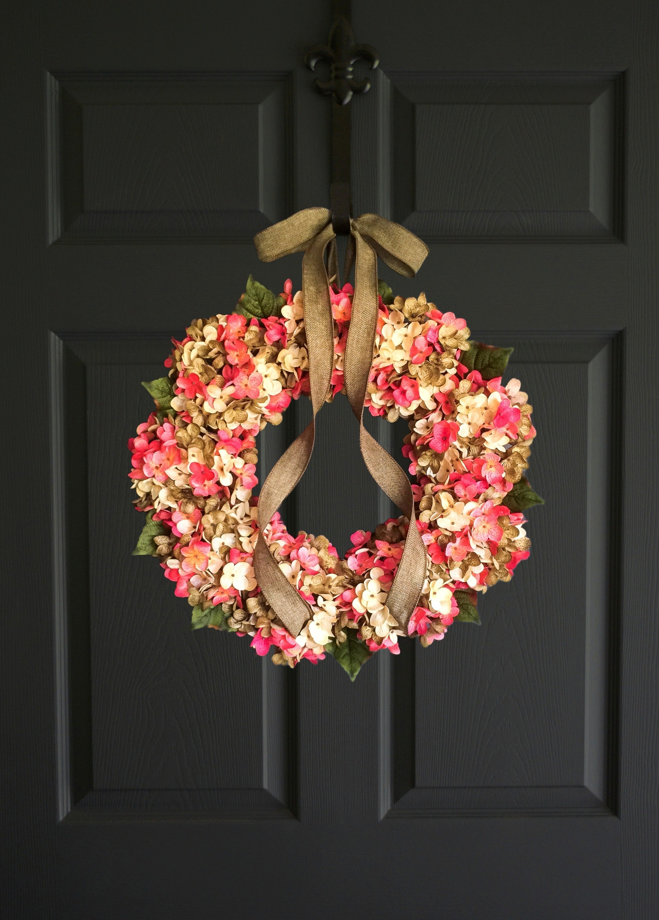 hot pink hydrangea wreath on front door