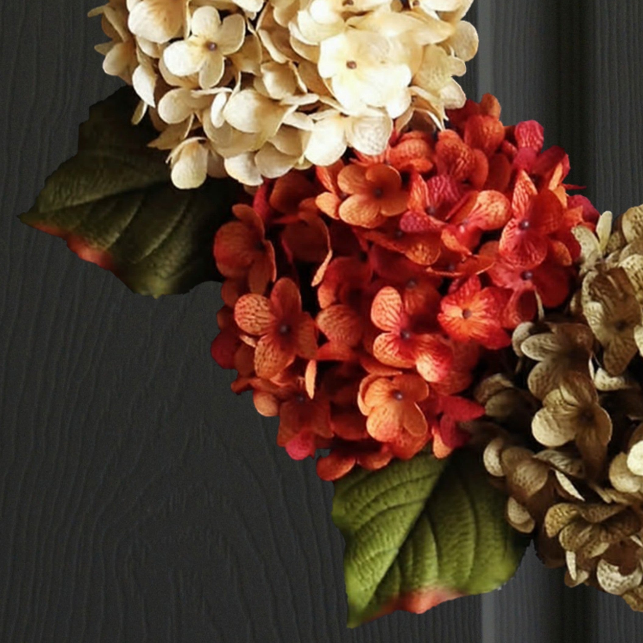 close up photo of fall hydrangea door wreath