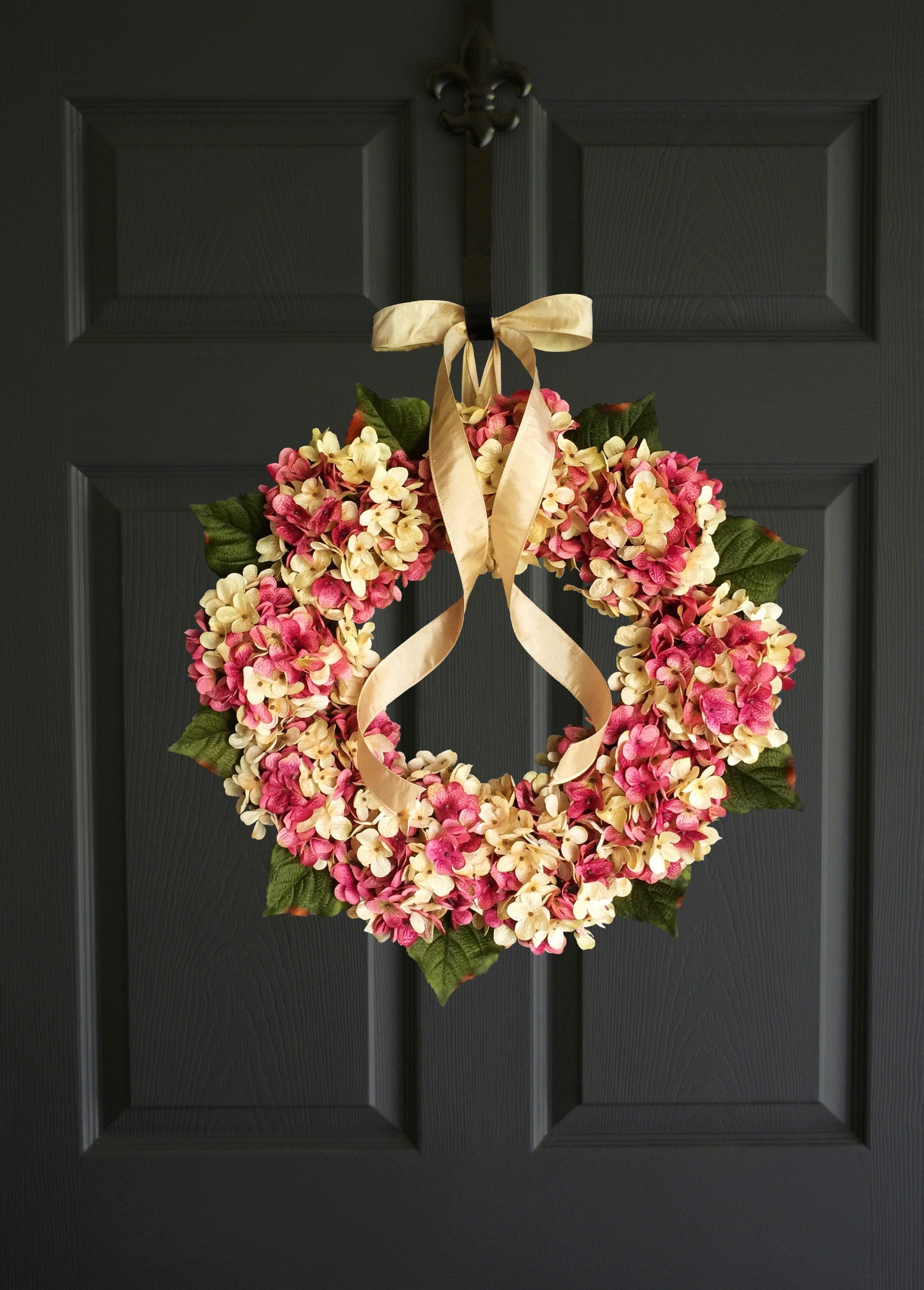 pink hydrangea wreath on front door