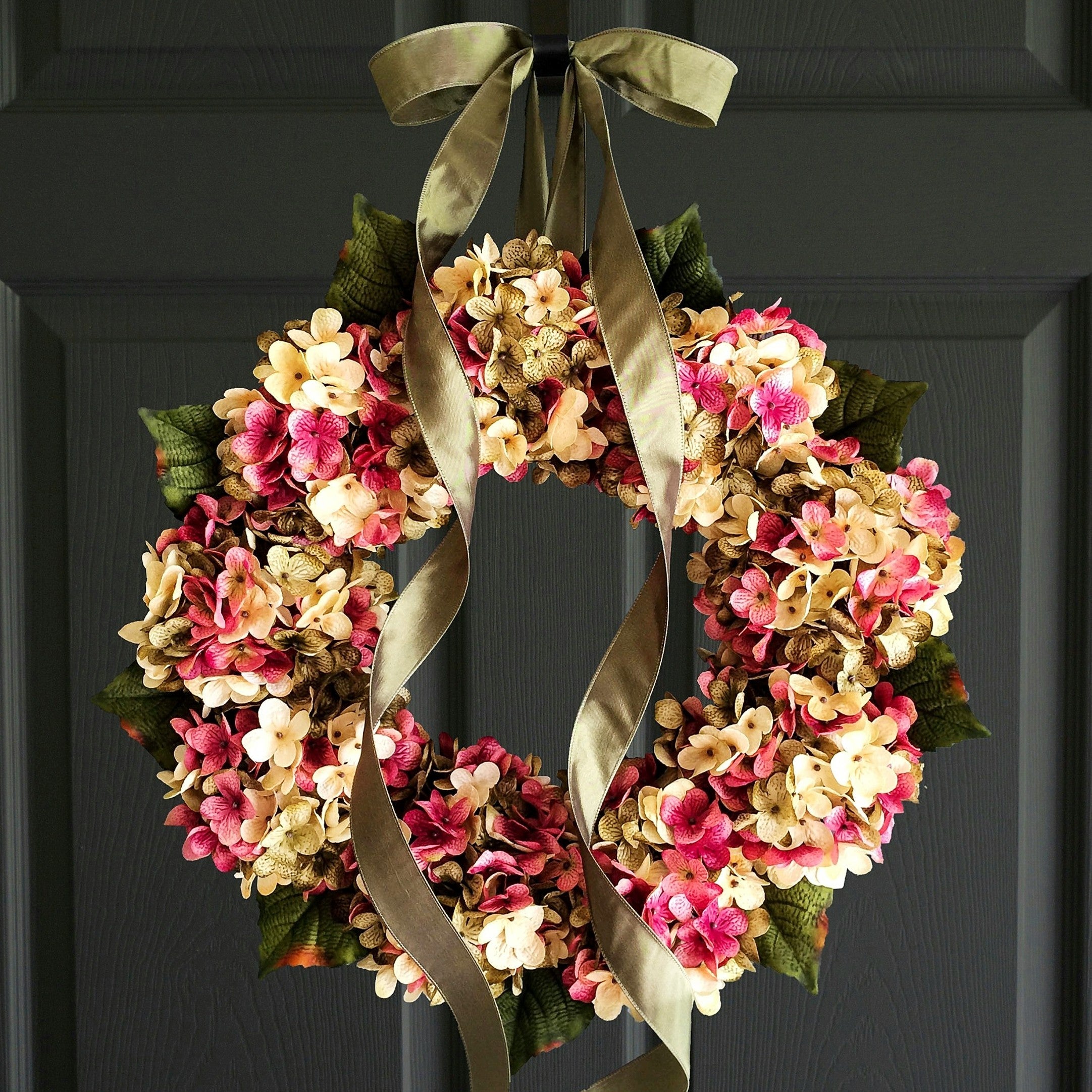 hydrangea door wreath made with pink green cream colors