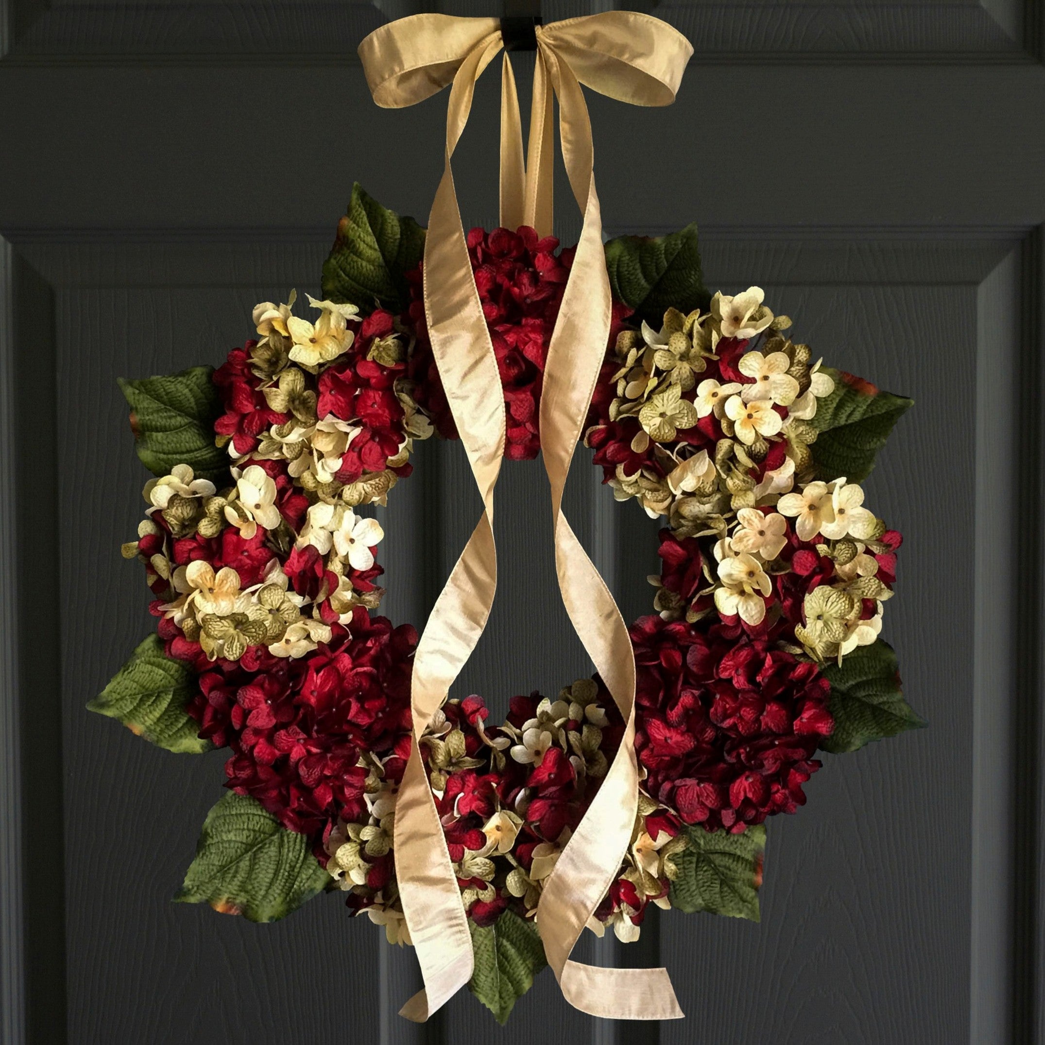 red hydrangea door wreath