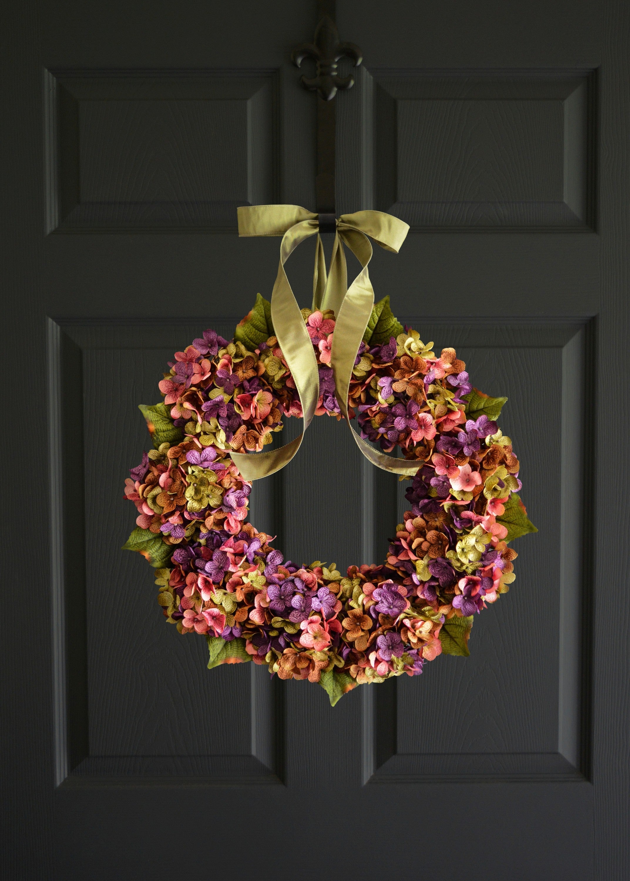 hydrangea door wreath on dark door