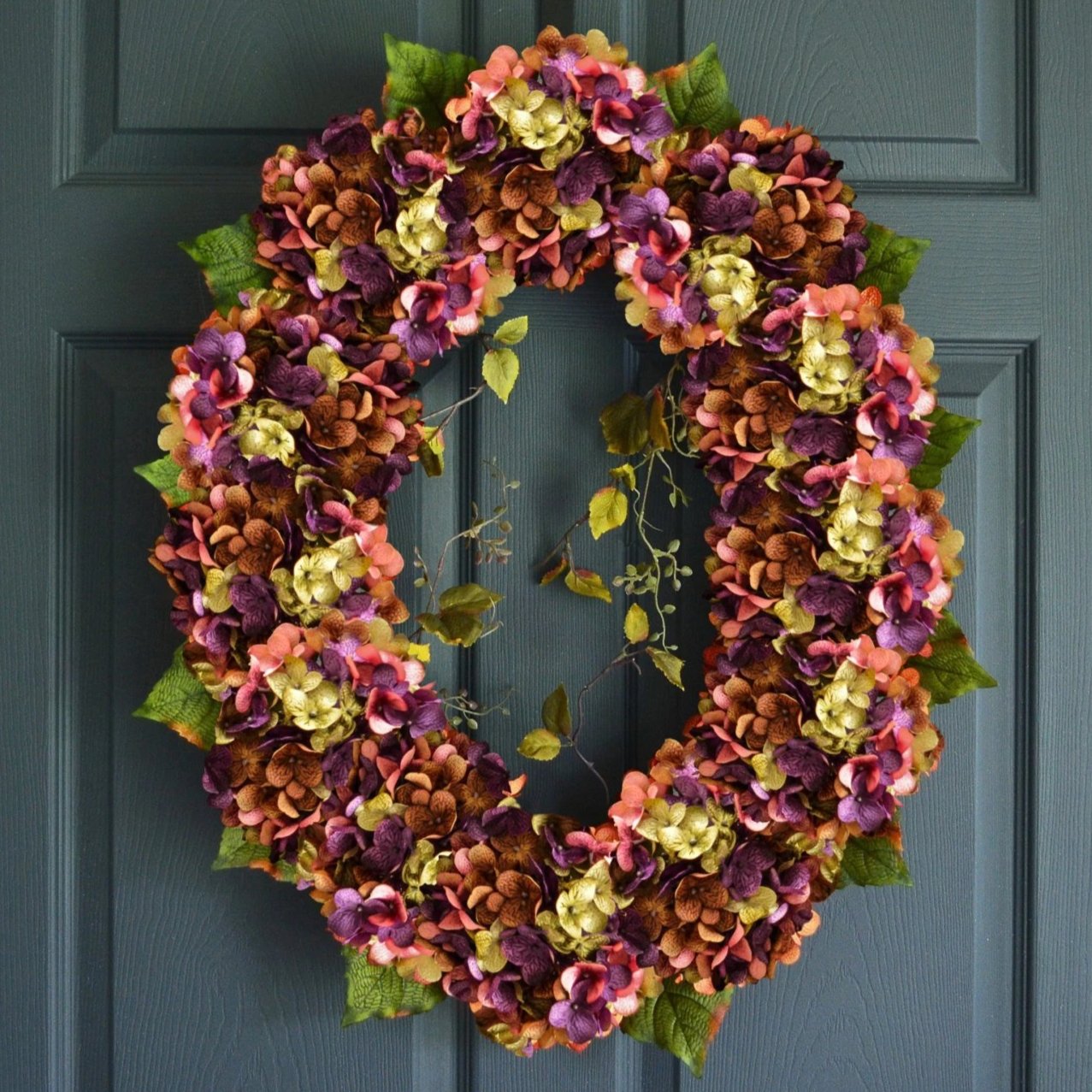 Large oval spring hydrangea wreath for front door, farmhouse floral door decor in soft pastel colors