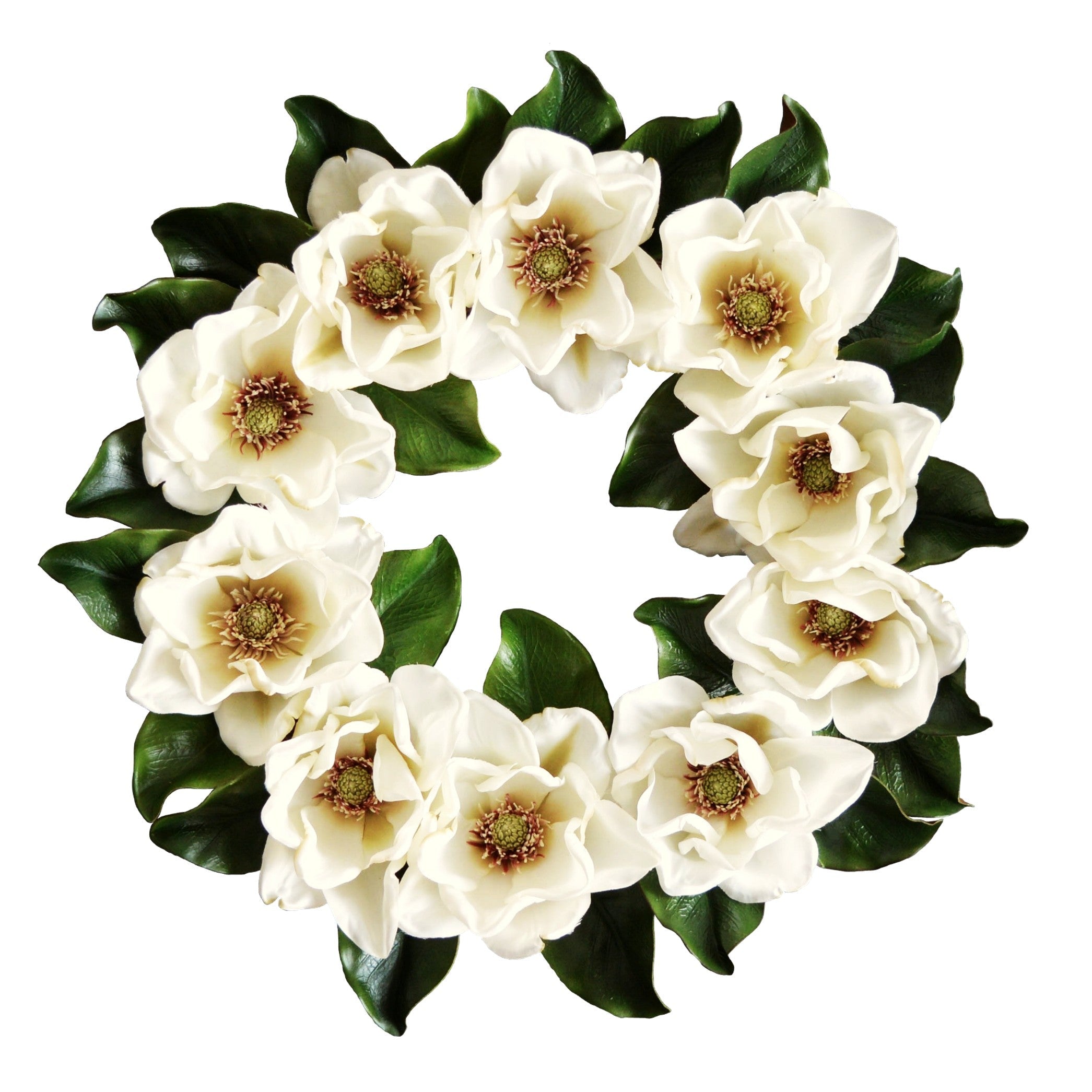 magnolia flower wreath on white background