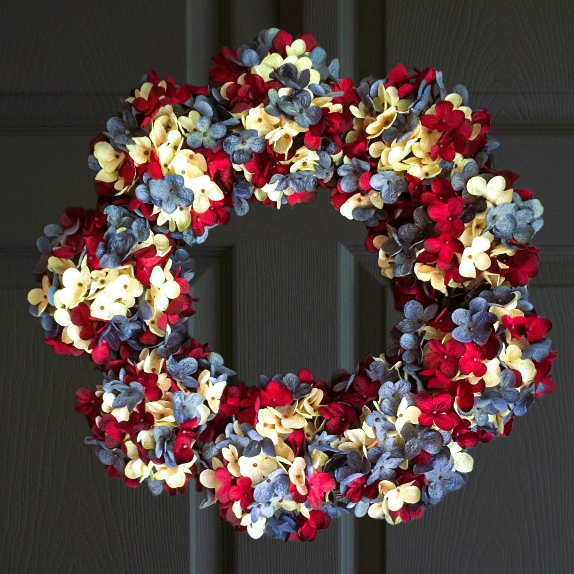 Patriotic red, white and blue hydrangea wreath for front door, handmade 4th of July and Memorial Day door decor
