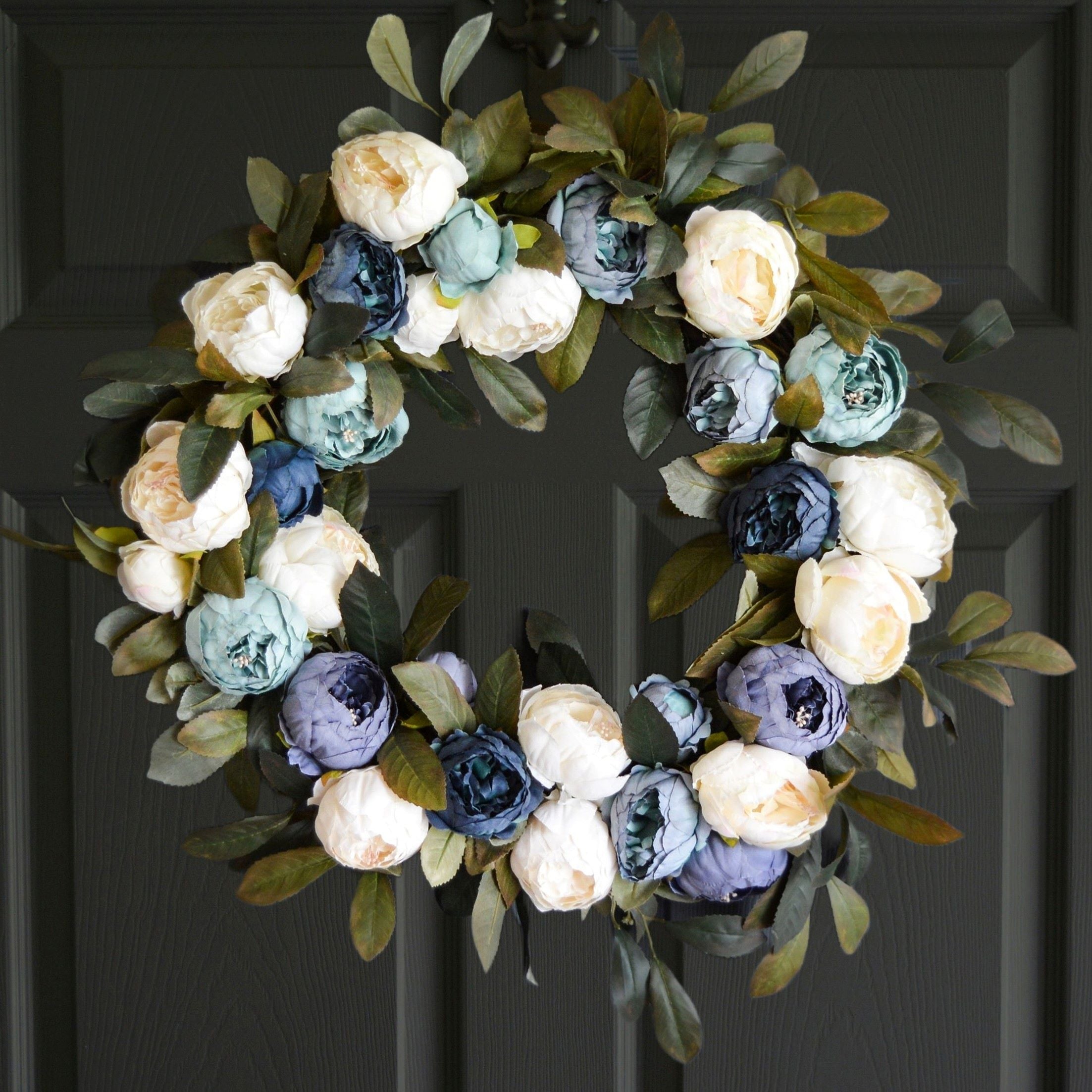 blue peony door wreath
