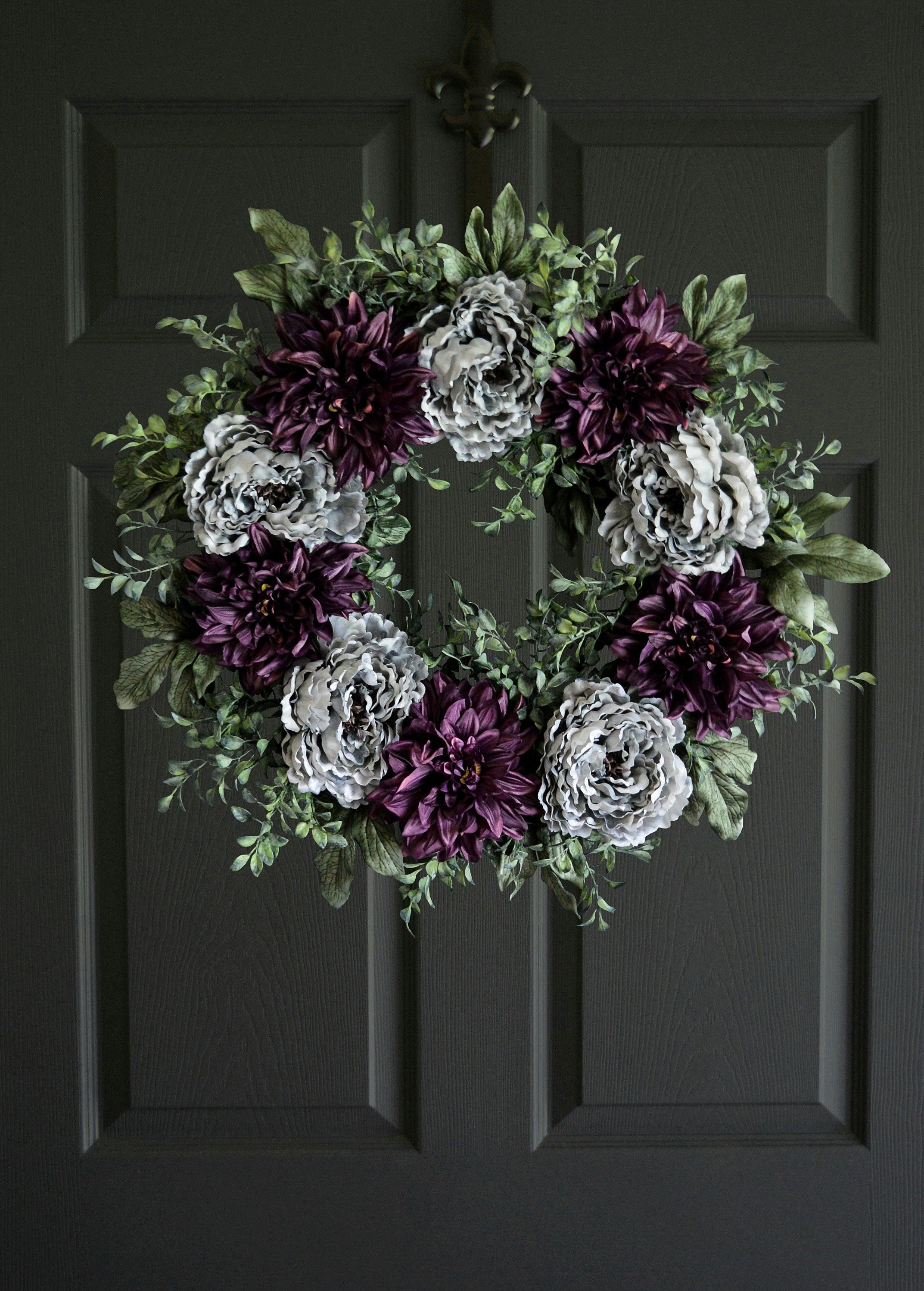 peony wreath gray purple on dark door