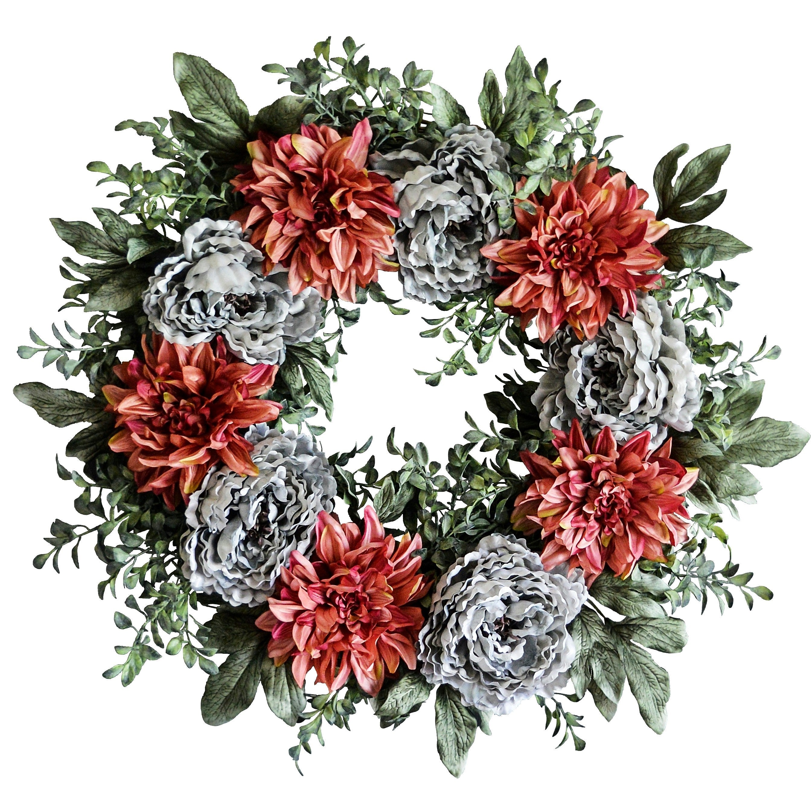 peony and dahlia wreath on a white background