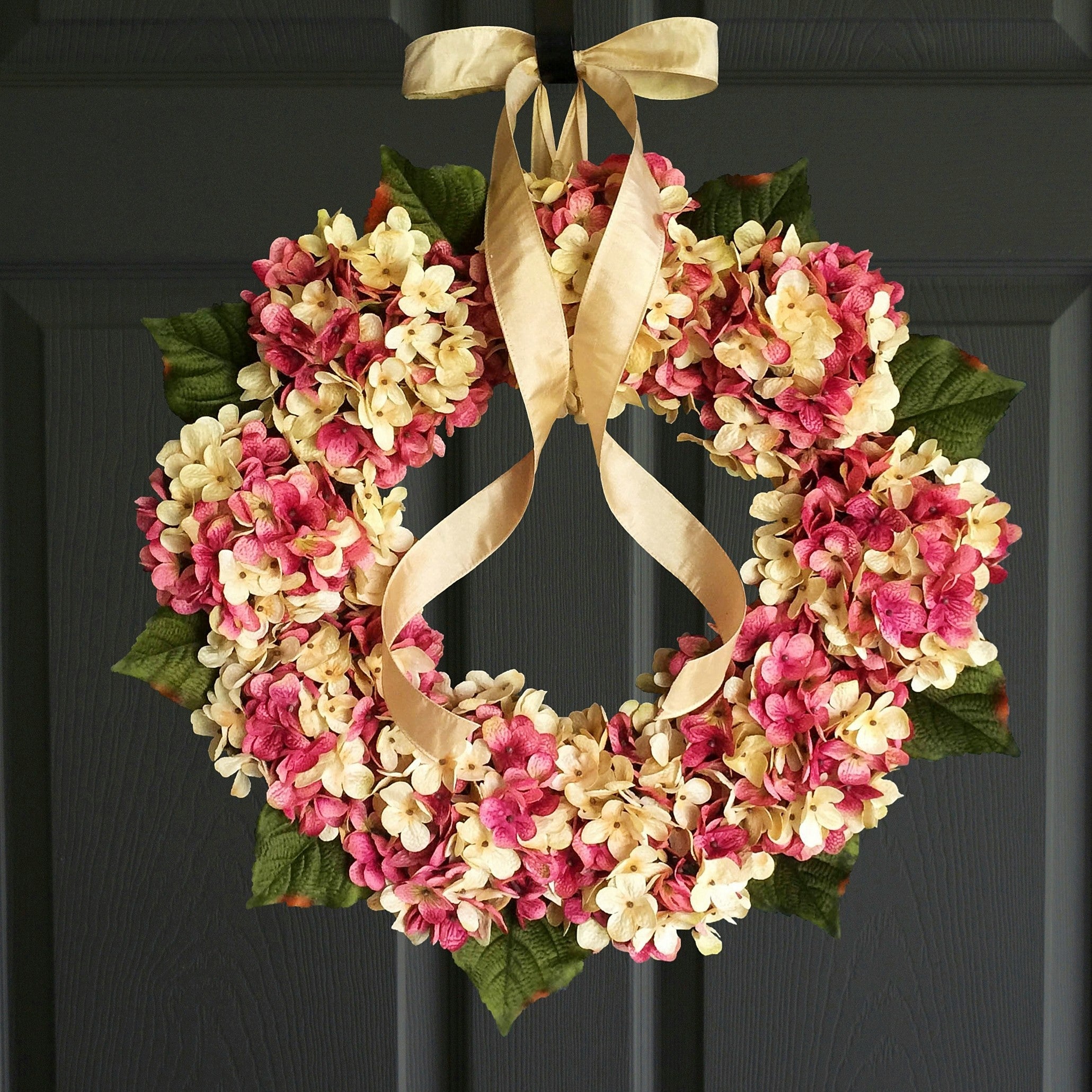 Pink hydrangea door wreath for year-round farmhouse front door decor