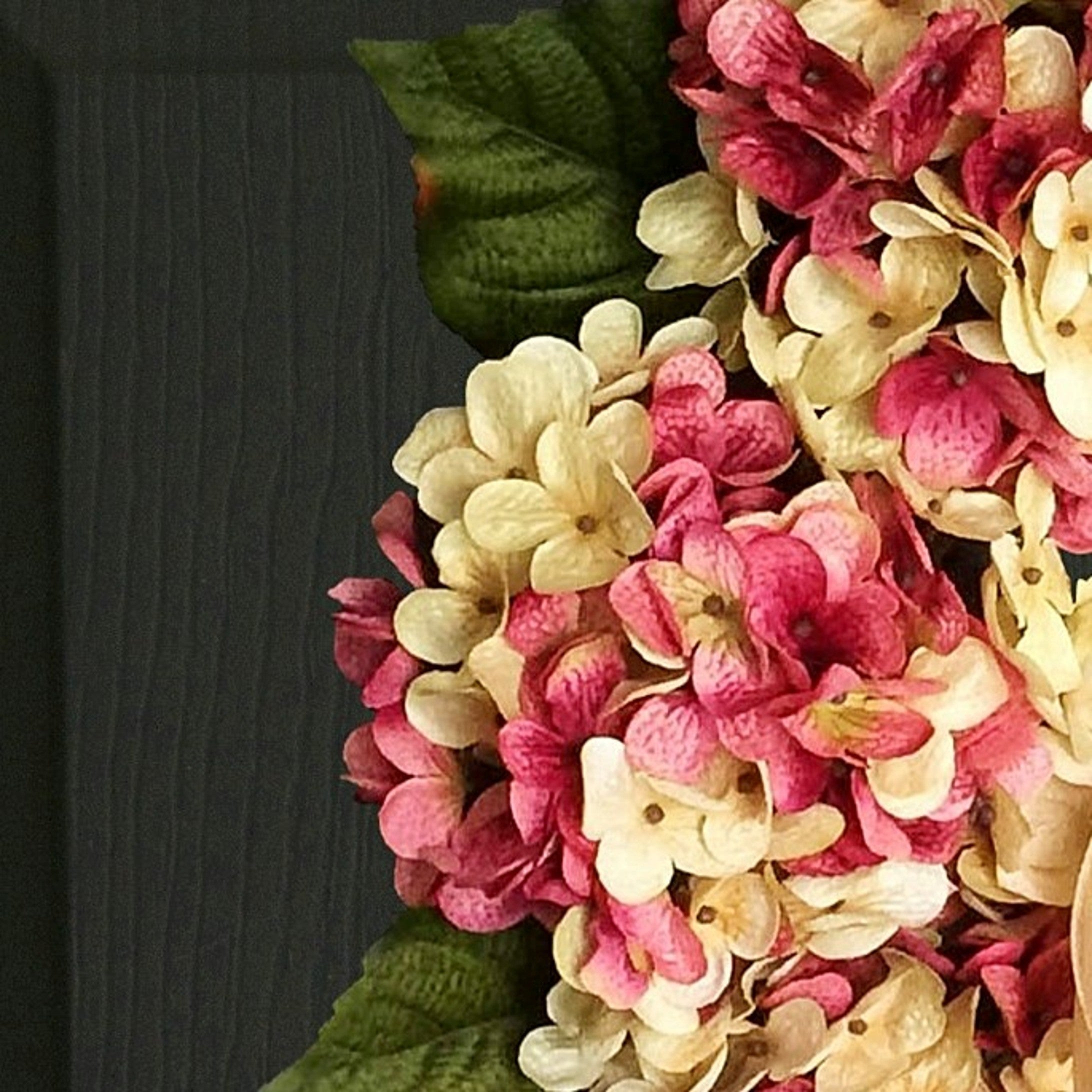 Close-up of premium silk pink hydrangea flowers on wreath