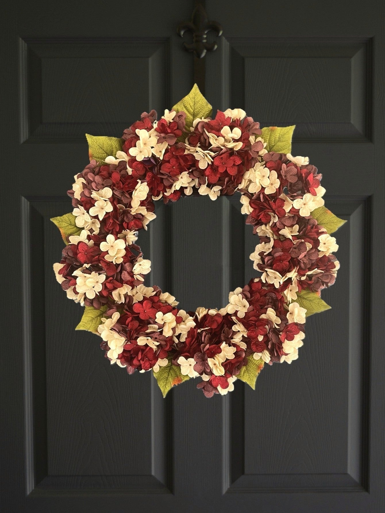 Plum and burgundy hydrangea spring wreath on front door, handcrafted floral decor