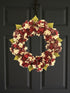 Plum and burgundy hydrangea spring wreath on front door, handcrafted floral decor