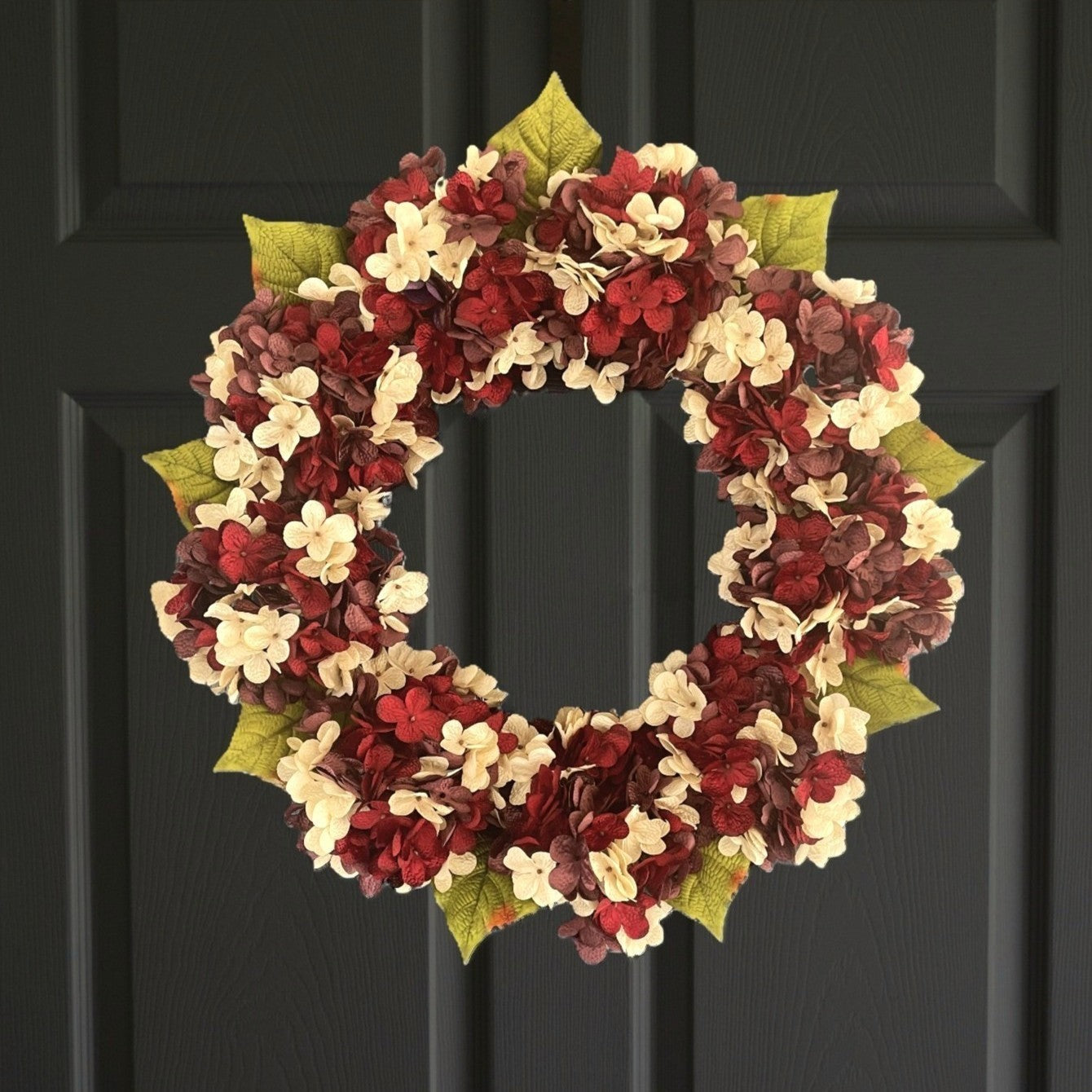 Elegant silk hydrangea wreath in deep plum and burgundy tones
