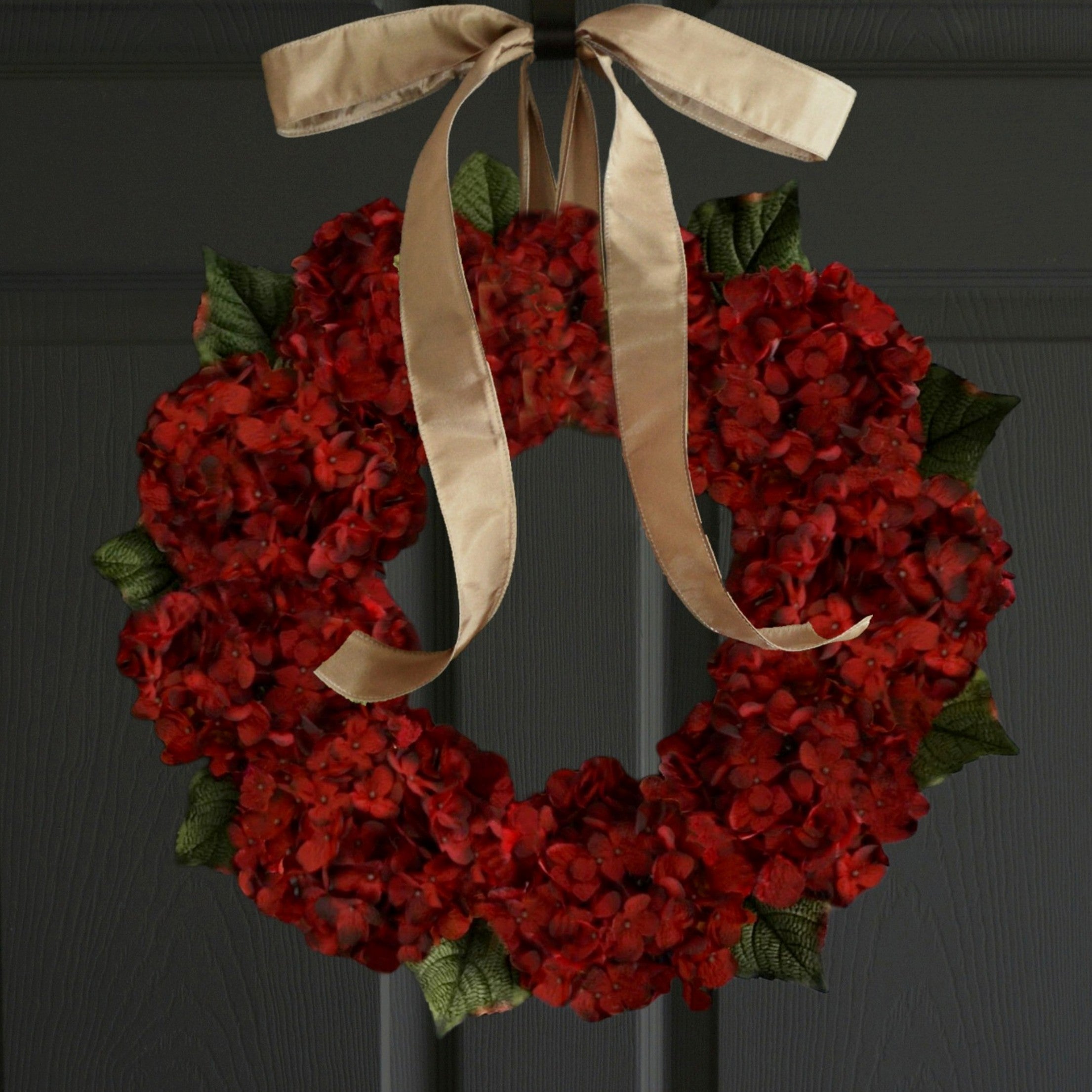 red hydrangea wreath on front door
