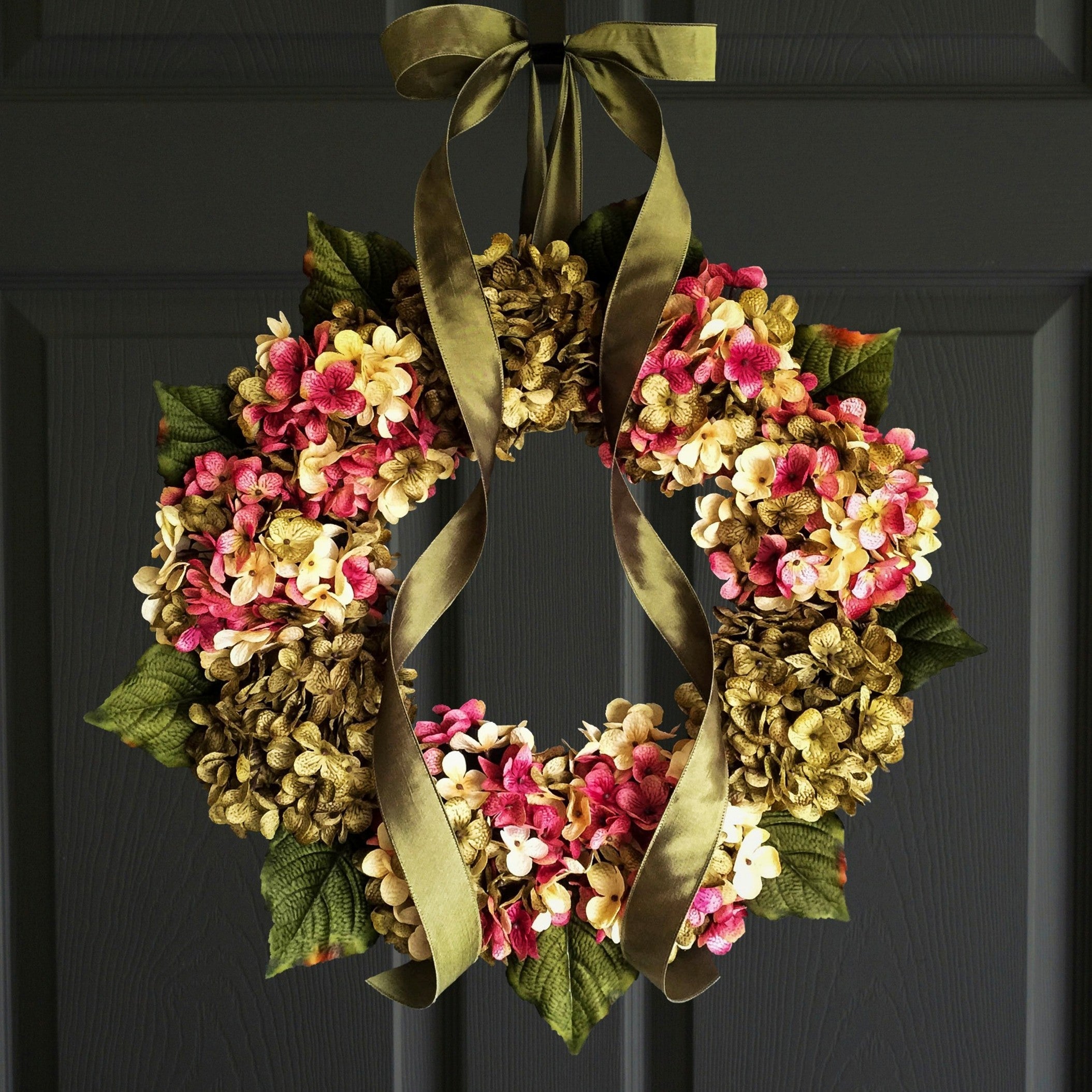 Spring hydrangea wreath for front door with pink and green hydrangea flowers on grapevine base farmhouse door decor