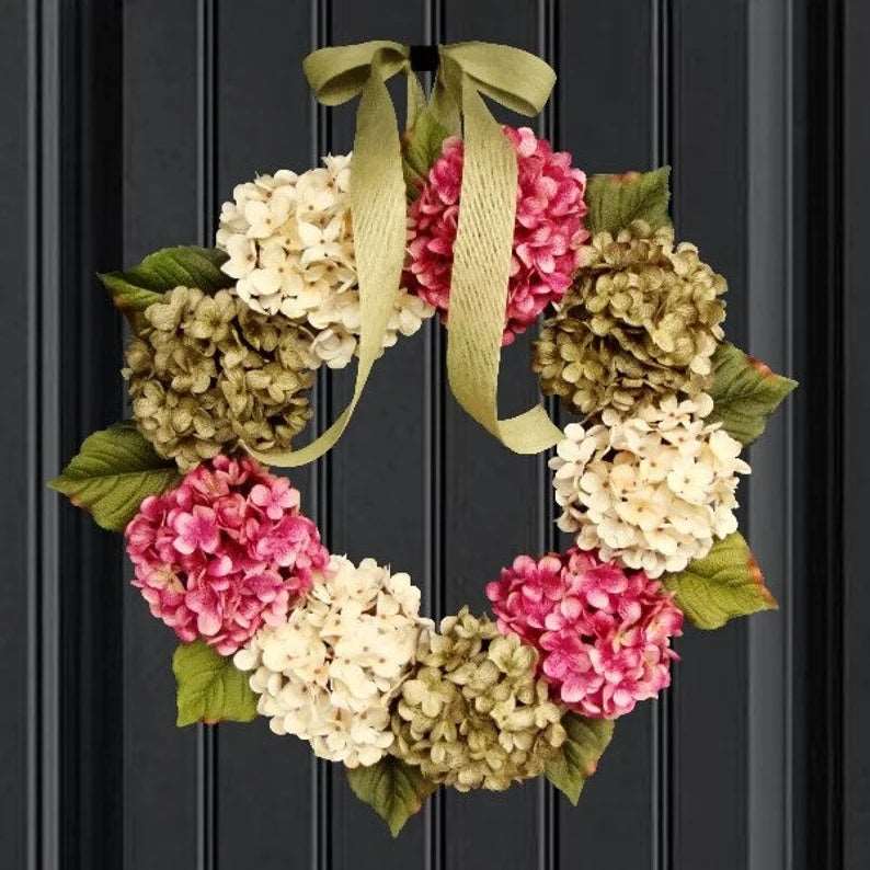 Spring hydrangea wreath for front door with realistic florals and farmhouse style design