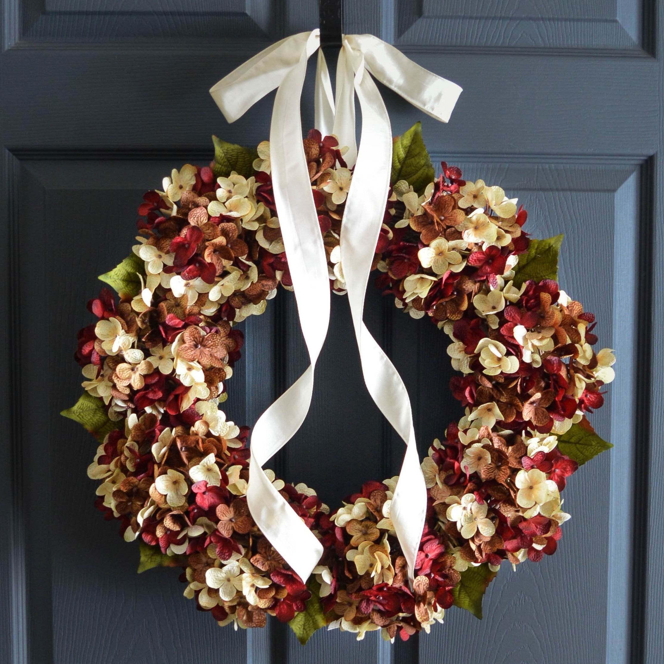 Year-round hydrangea door wreath on front door